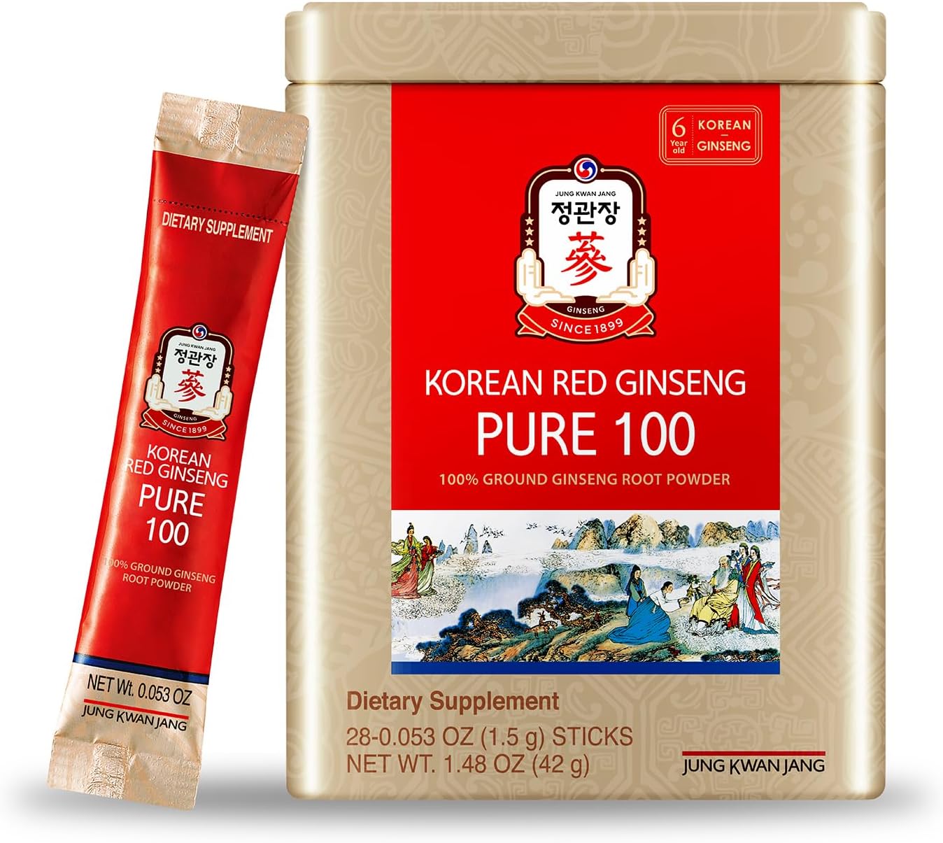 JungKwanJang Pure 100 barras de polvo de extracto de ginseng rojo coreano, 28 unidades