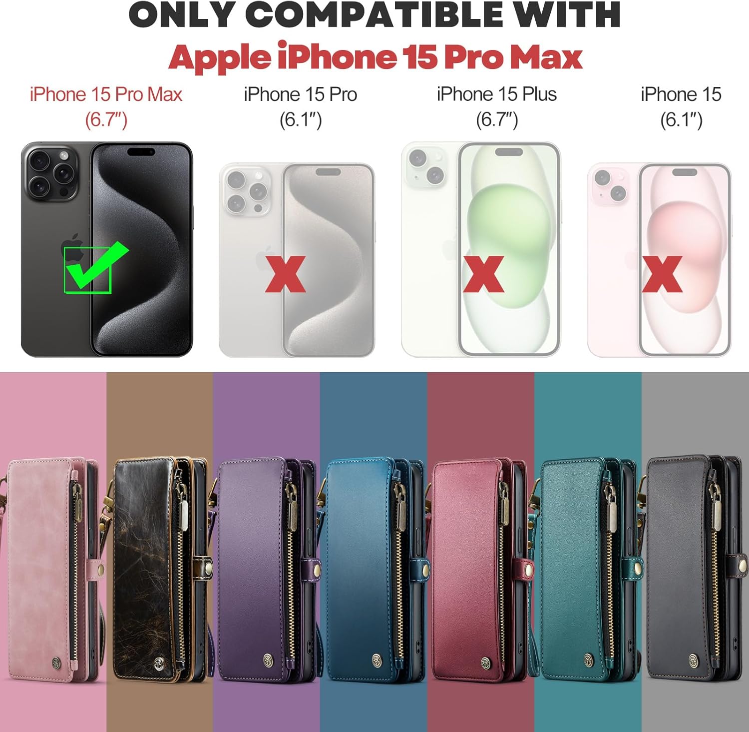 Defencase Funda para iPhone 15 Pro Max, bloqueo RFID, funda tipo cartera para iPhone 15 Pro Max para mujeres y hombres, con tarjetero y cremallera,