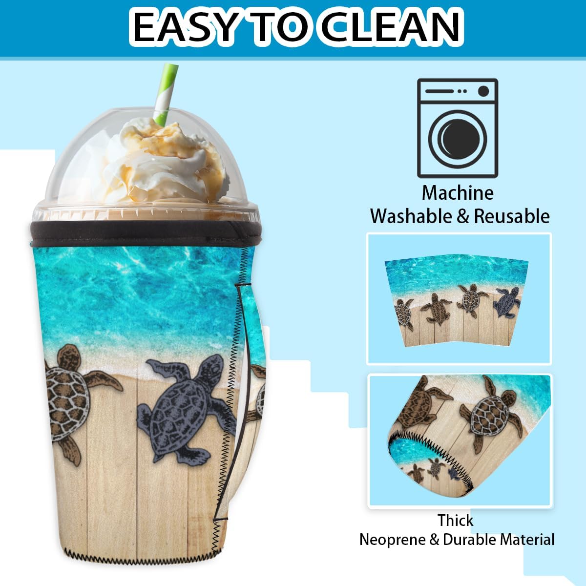 Funda de neopreno reutilizable para café helado de tortuga marina con asa, funda aislante de neopreno reutilizable de madera para bebidas calientes
