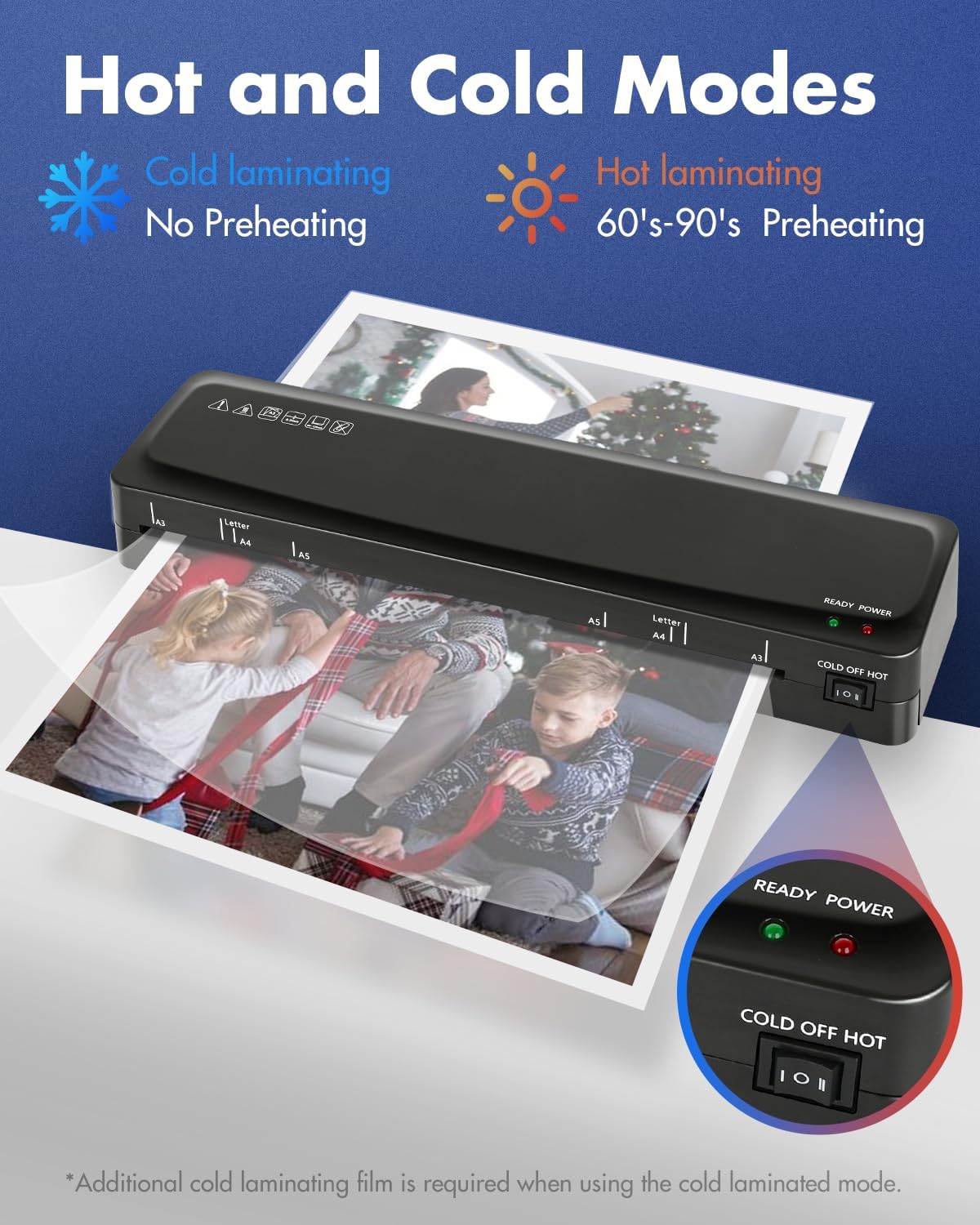 Laminadora A3 Máquina laminadora de 70 segundos de calentamiento rápido, laminador frío y térmico de 13 pulgadas con 20 hojas de laminación, máquina