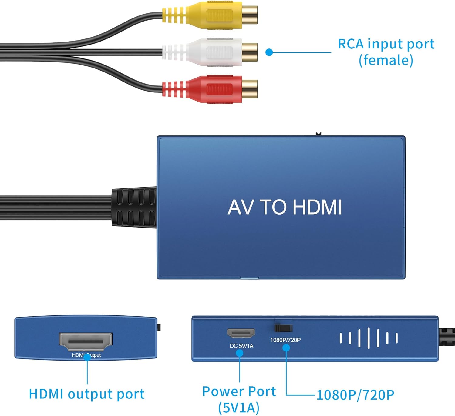 Tengchi Convertidor RCA a HDMI, adaptador compuesto a HDMI, compatible con 1080P PALNTSC compatible con PS one, PS2, PS3, STB, Xbox, VHS, VCR,