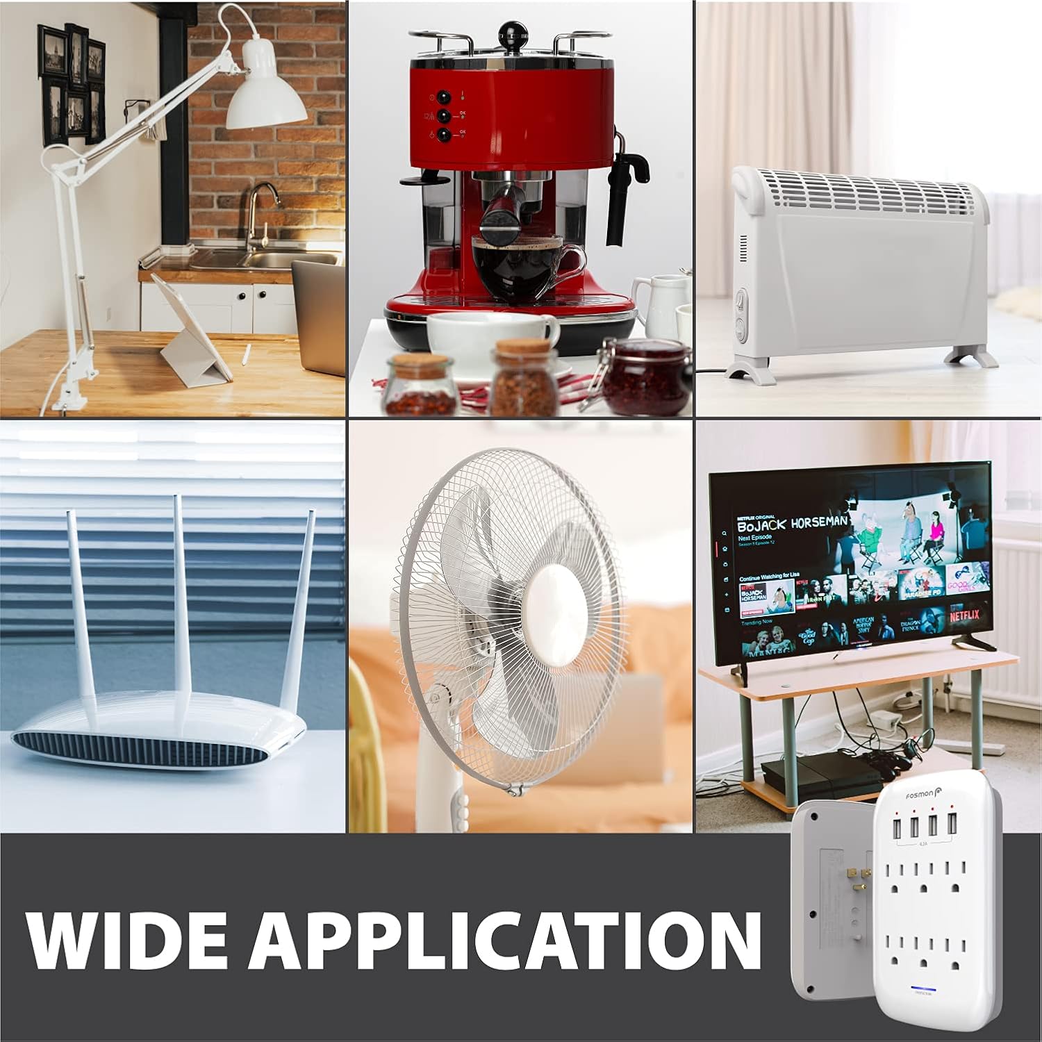 Fosmon Protector de sobretensiones de pared de 6 tomacorrientes extensor de toma de corriente adaptador de montaje en pared con 4 puertos de carga - Imagen 9