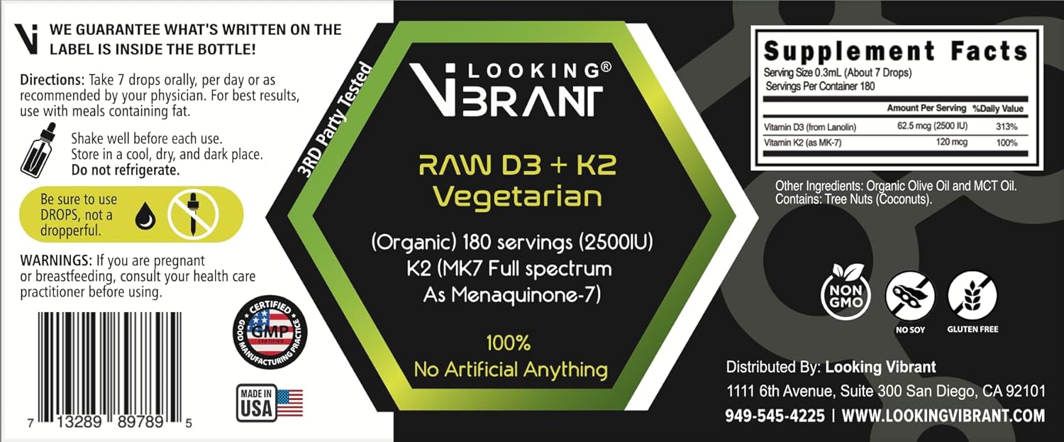 LOOKINGVIBRANT Vitamina D3 + K2 (MK-7) Gotas líquidas con aceite MCT y aceite de oliva, vegetariano, sin OMG, sin soja, sin gluten, sin alcohol, 1