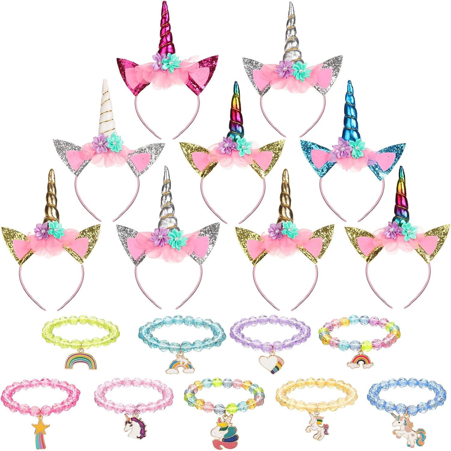 Jexine Los recuerdos de fiesta de unicornio de 18 piezas incluyen 9 diademas de unicornio y 9 pulseras de cuentas de arcoíris de unicornio, diadema