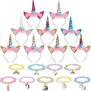 Jexine Los recuerdos de fiesta de unicornio de 18 piezas incluyen 9 diademas de unicornio y 9 pulseras de cuentas de arcoíris de unicornio, diadema Jexine Los recuerdos de fiesta de unicornio de 18 piezas incluyen 9 diademas de unicornio y 9 pulseras de cuentas de arcoíris de unicornio, diadema