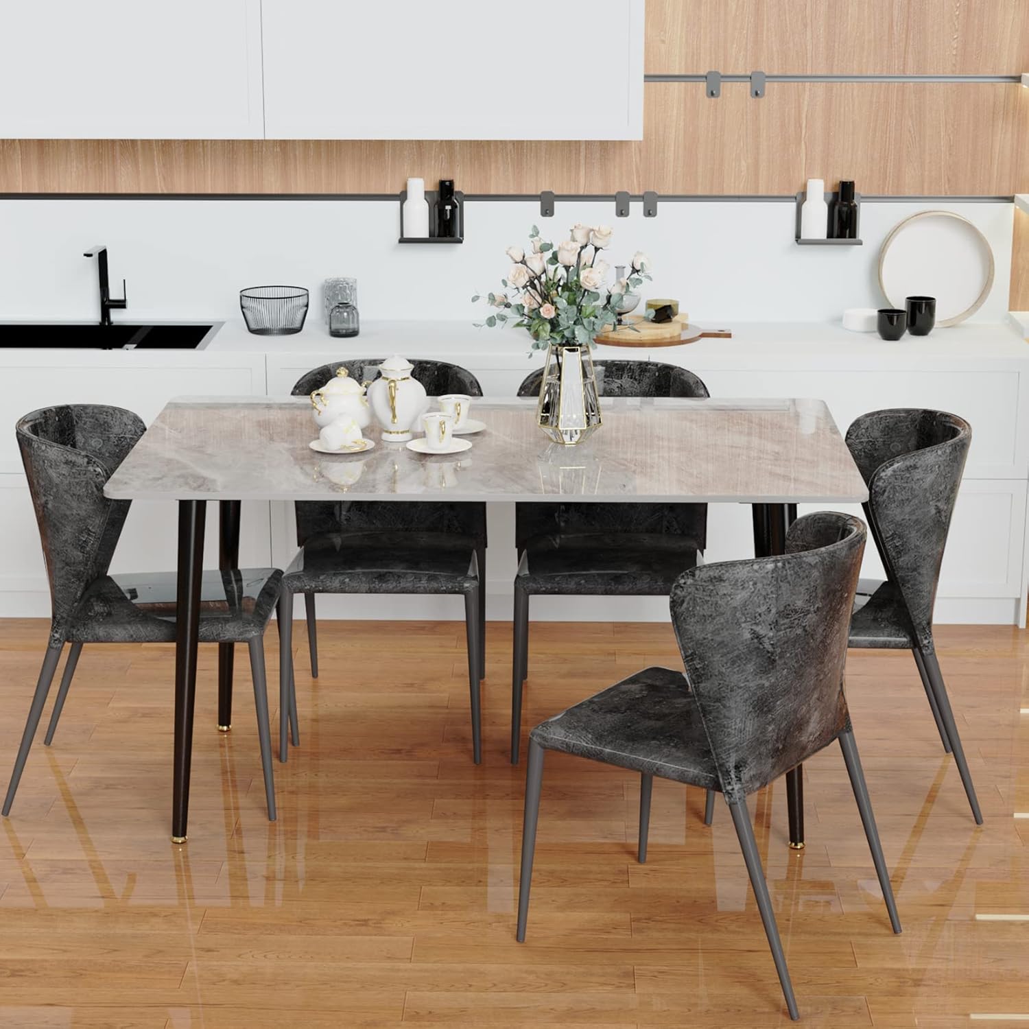 Wisfor Mesa de comedor de piedra sinterizada mesa de cocina gris de 47.2 x 27.5 pulgadas con patas de metal – Mesa de desayuno de 6 asientos para