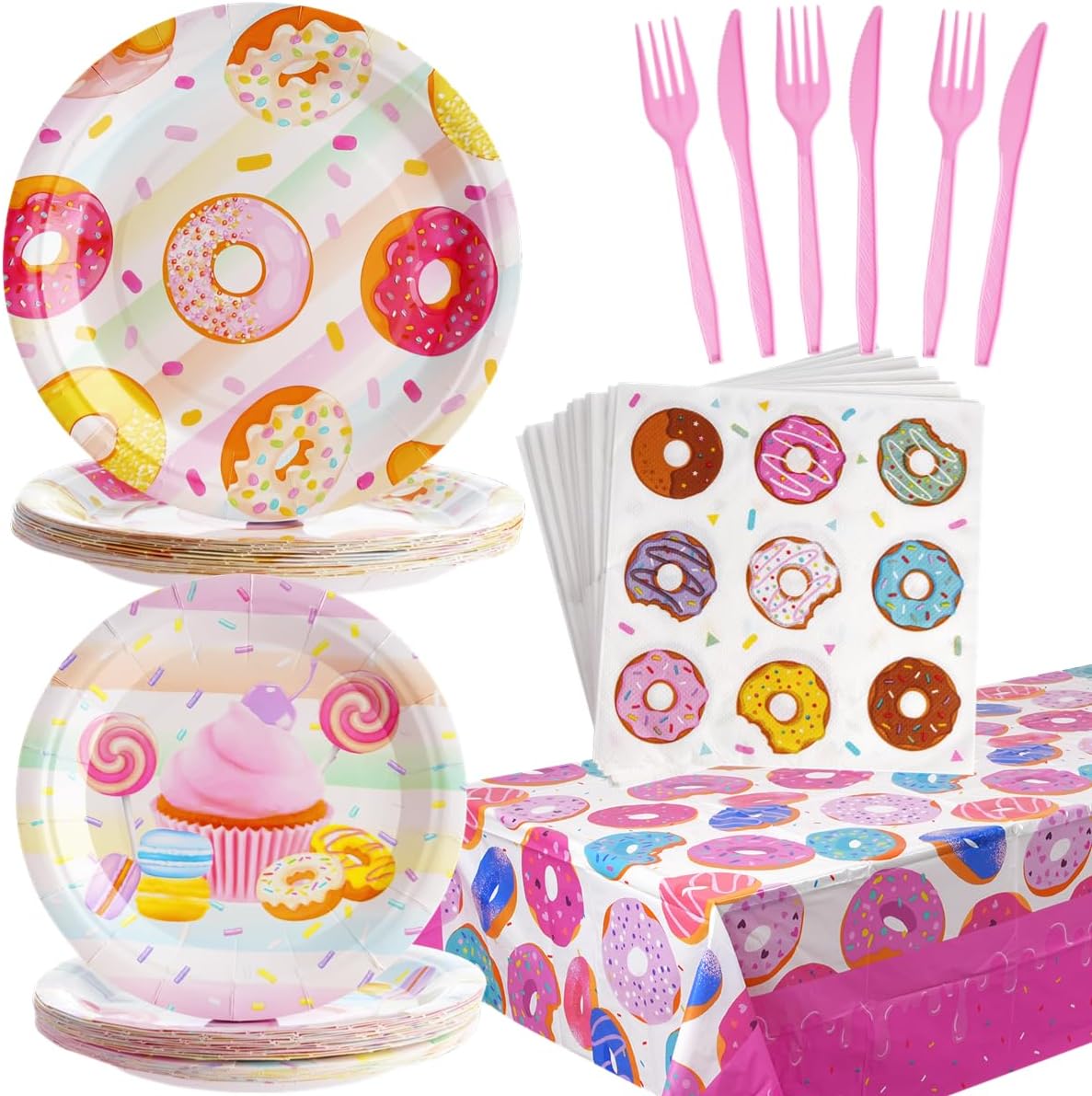 Juego de vajilla de 126 piezas para fiesta de donas, decoración de fiesta de donas, juego de vajilla de papel con platos desechables, servilletas,