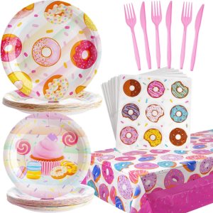 Juego de vajilla de 126 piezas para fiesta de donas, decoración de fiesta de donas, juego de vajilla de papel con platos desechables, servilletas, Juego de vajilla de 126 piezas para fiesta de donas, decoración de fiesta de donas, juego de vajilla de papel con platos desechables, servilletas,