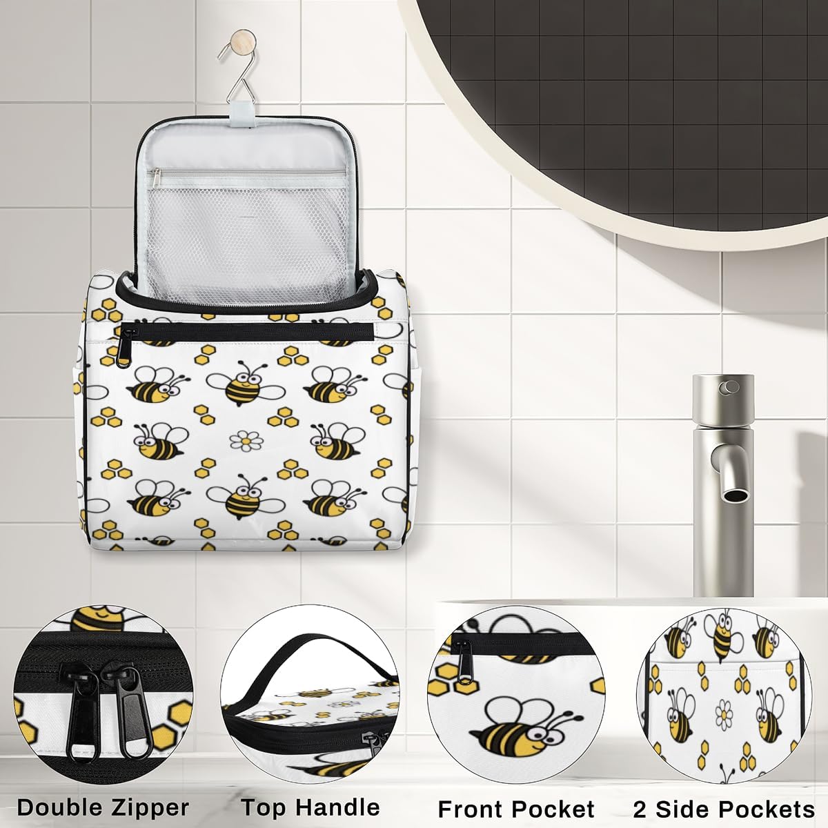 Lovely Bees Neceser para mujer, organizador de maquillaje de viaje con gancho para colgar, bolsas de cosméticos de viaje para accesorios de aseo