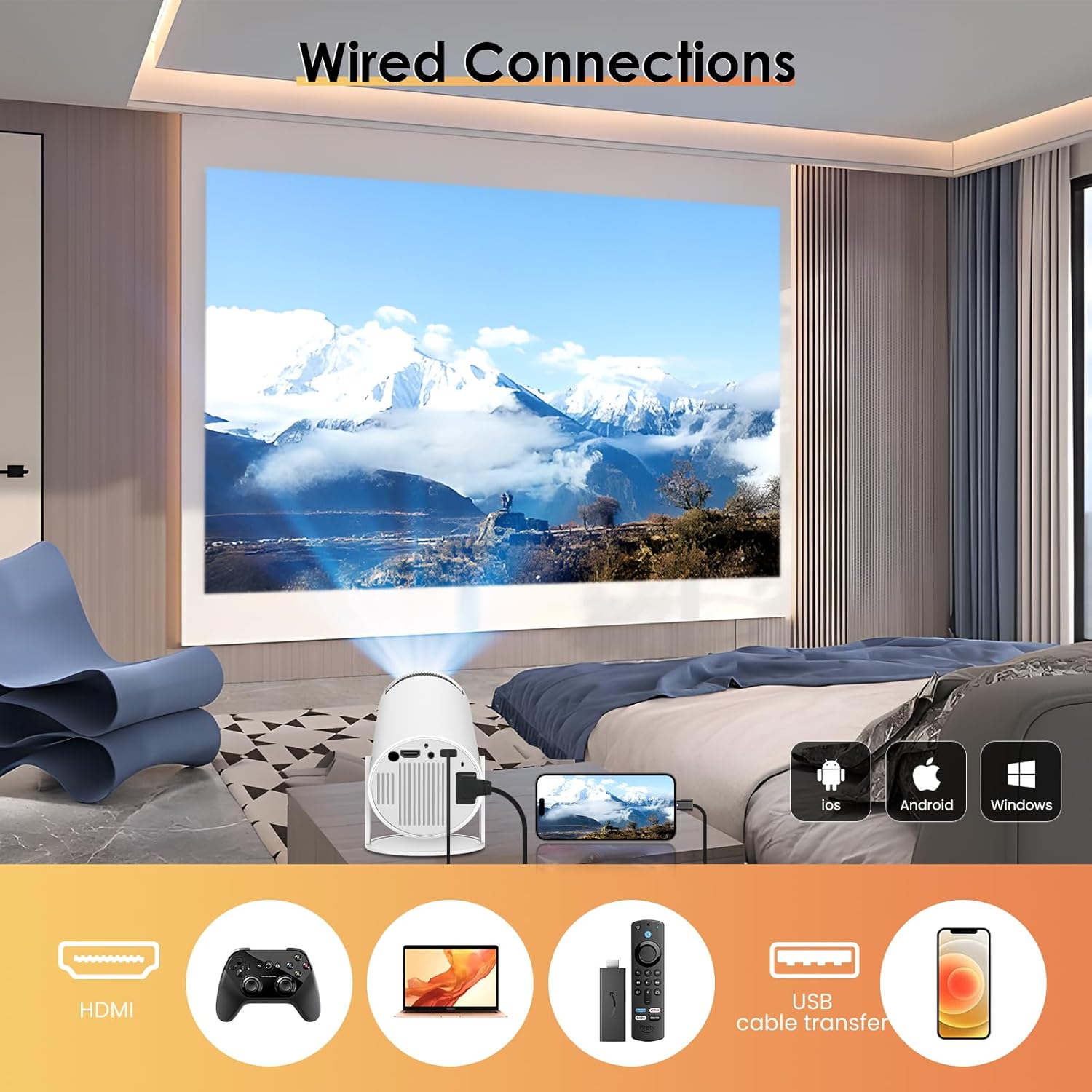 Auto Keystone Proyector inteligente con Android TV 11.0 HIPPUS, proyector Bluetooth WiFi 5G compatible con 4K, mini proyector de películas portátil