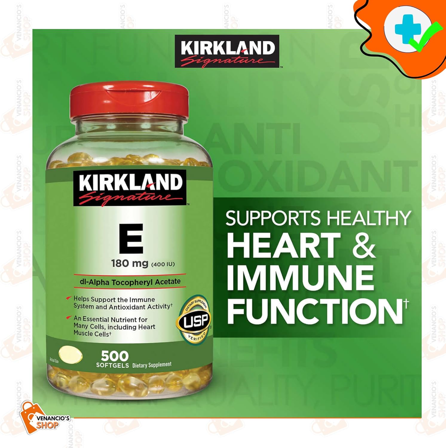 Kirkland Vitamina E 400 UI cápsulas blandas 500 unidades, VIT E 180mg para mujeres y hombres + incluye adhesivo Venancio’sBox (paquete de 1)