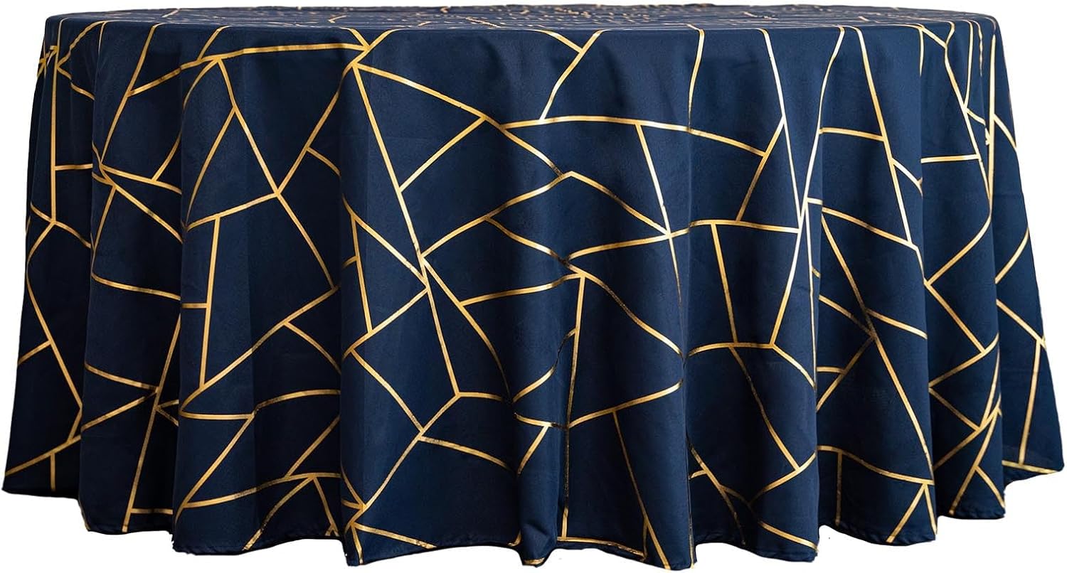 Efavormart – Mantel redondo de poliéster de 120 pulgadas, color azul marino con patrón geométrico dorado