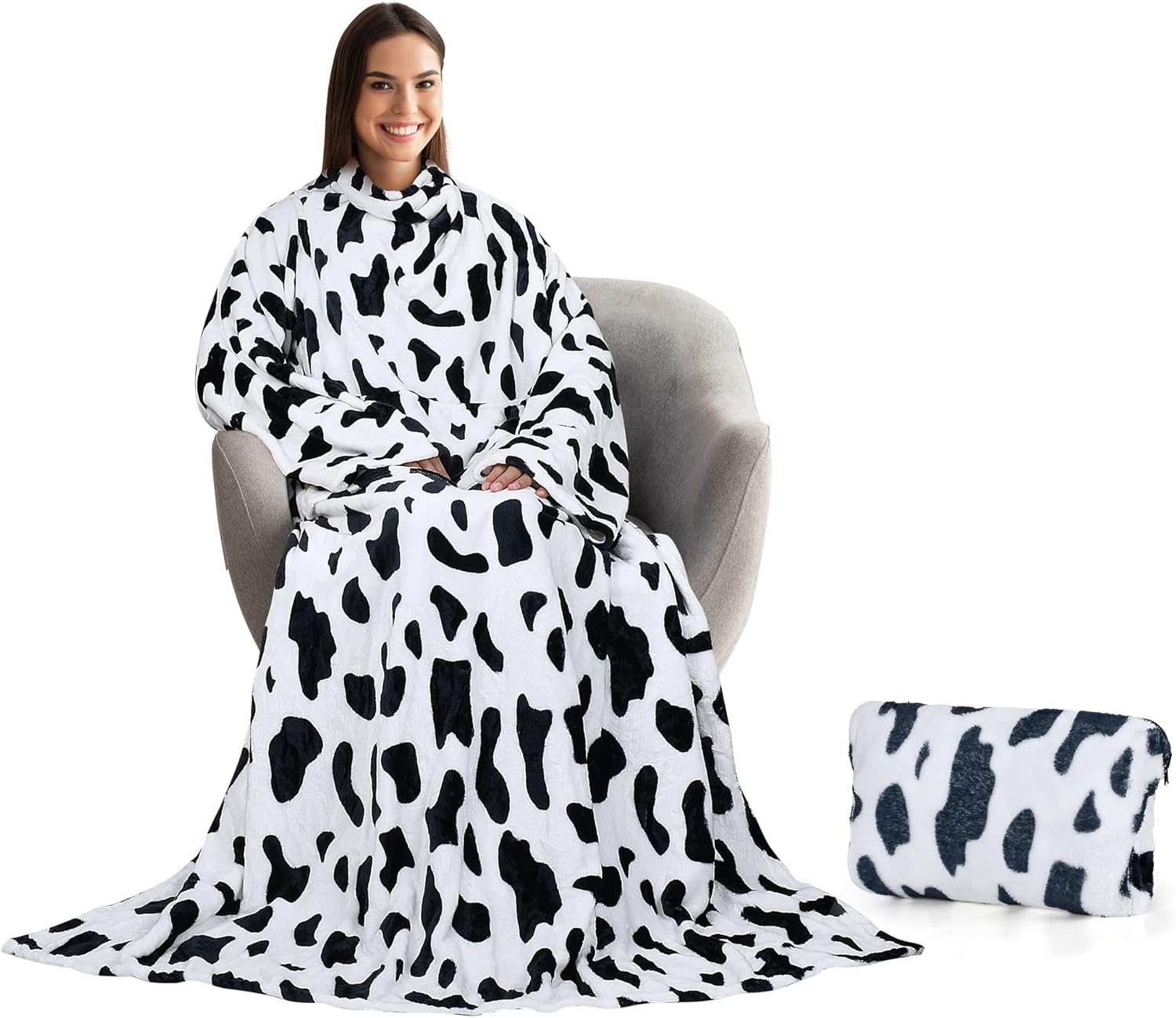 Tirrinia Manta con mangas y bolsillo, manta de felpa súper suave con mangas de forro polar para adultos con estampado de vaca, ideal