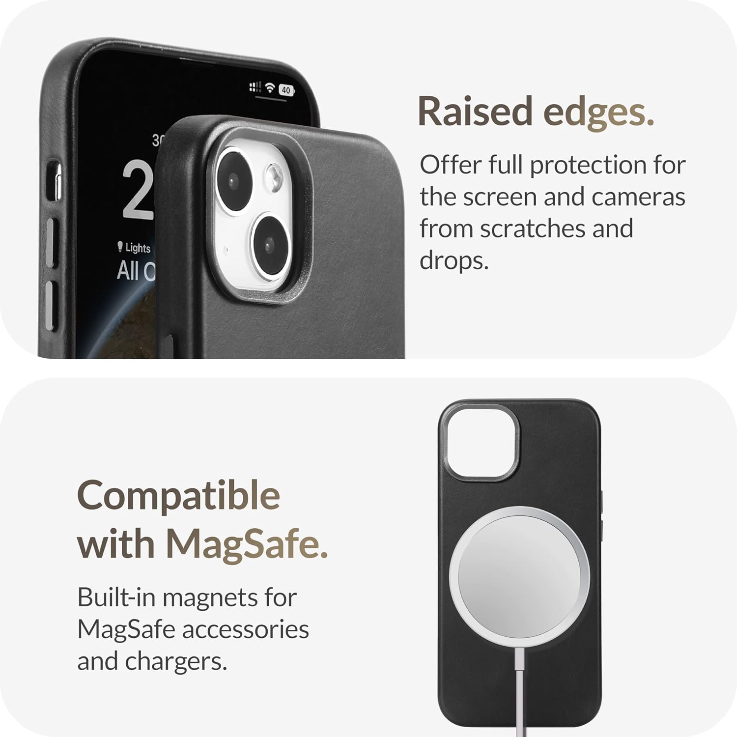 LONLI Edición – (para iPhone 14 Plus) – Funda europea de cuero genuino premium  Desarrollar pátina con el tiempo  Compatible con Magsafe – Negro