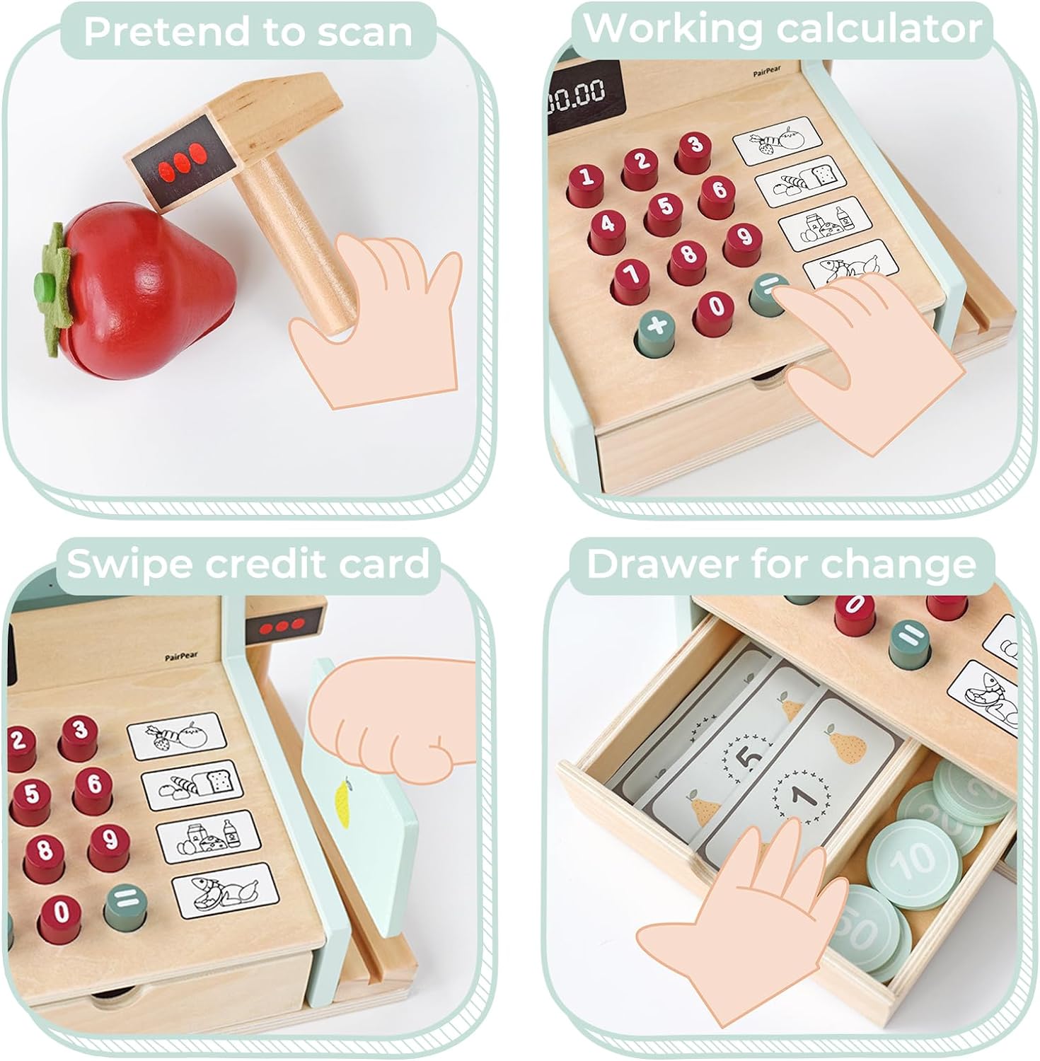 PairPear Caja registradora de juguete de madera, juguetes de conteo de dinero para niños con escáner y tarjeta de crédito, juguete de cajero para
