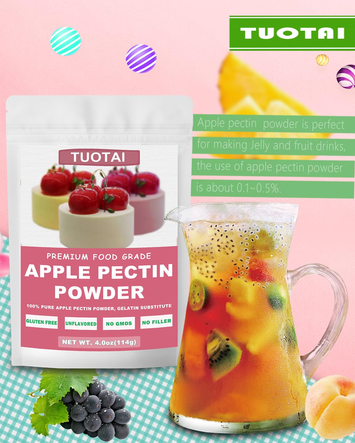 Pectina en polvo de manzana, 4 onzas, concentrado de frutas naturales espesante de alimentos para pasteles, gelatina y alimentos para hornear