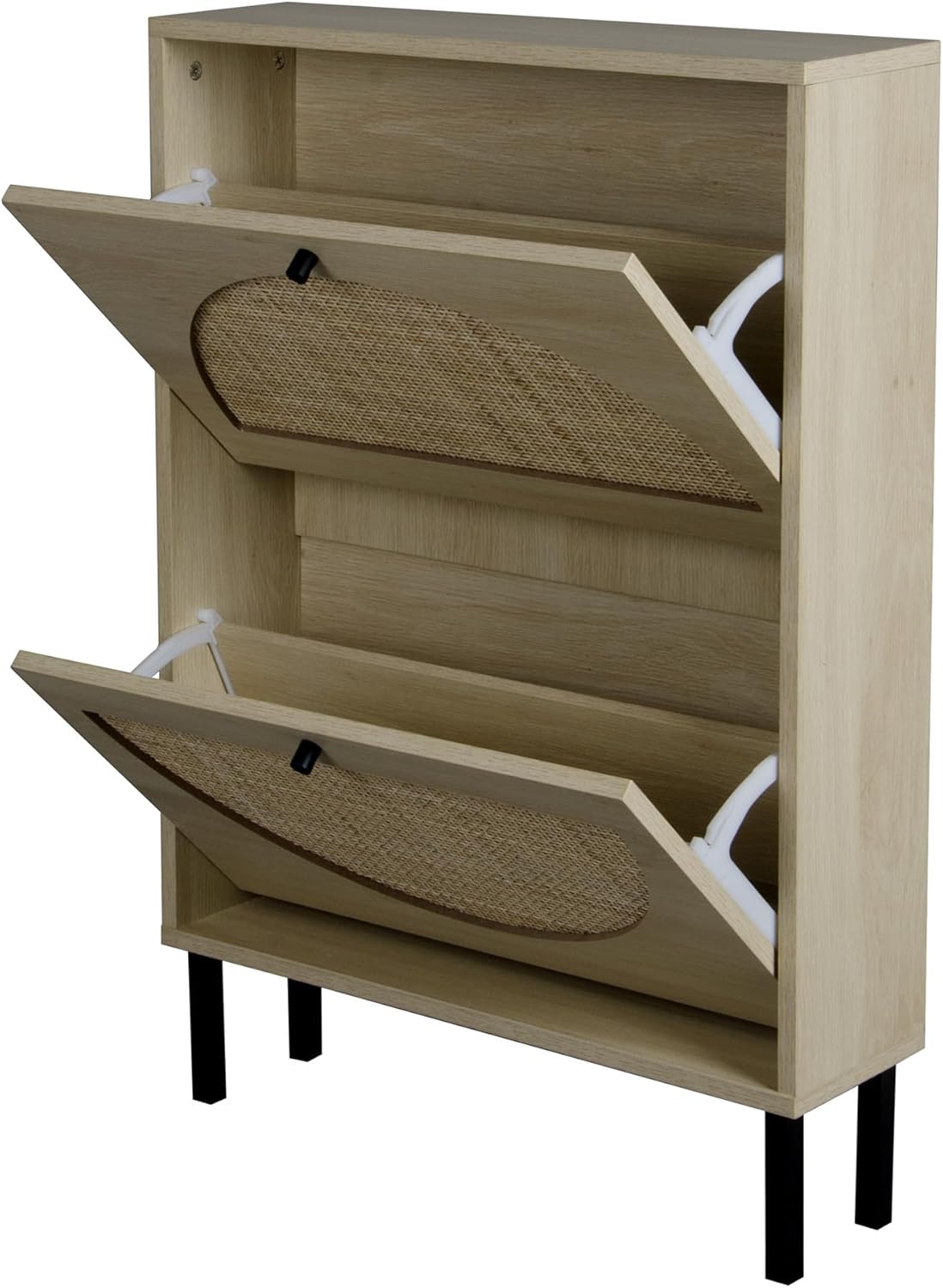 Zapatero de ratán con 2 cajones abatibles, zapatero de 2 niveles, organizador de almacenamiento de zapatos de madera natural bohemio para entrada,
