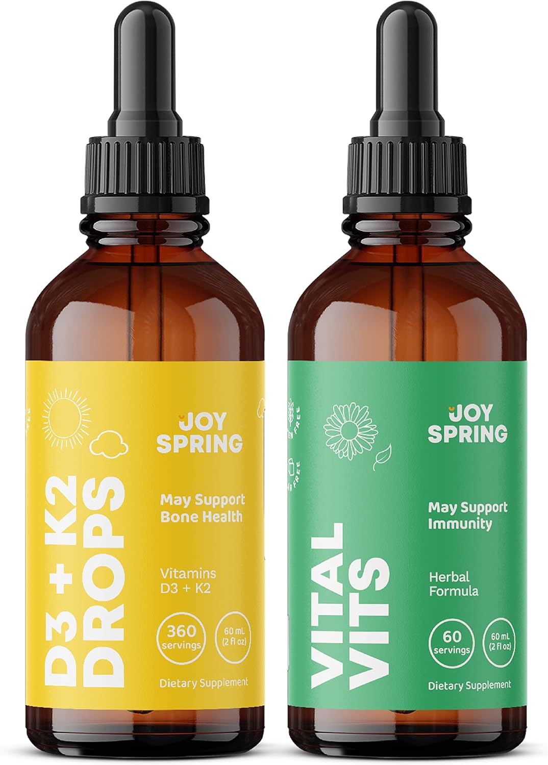 JoySpring Gotas de vitamina D para niños pequeños para apoyar el crecimiento y multivitamínico diario con raíz de bardana y saúco para niños