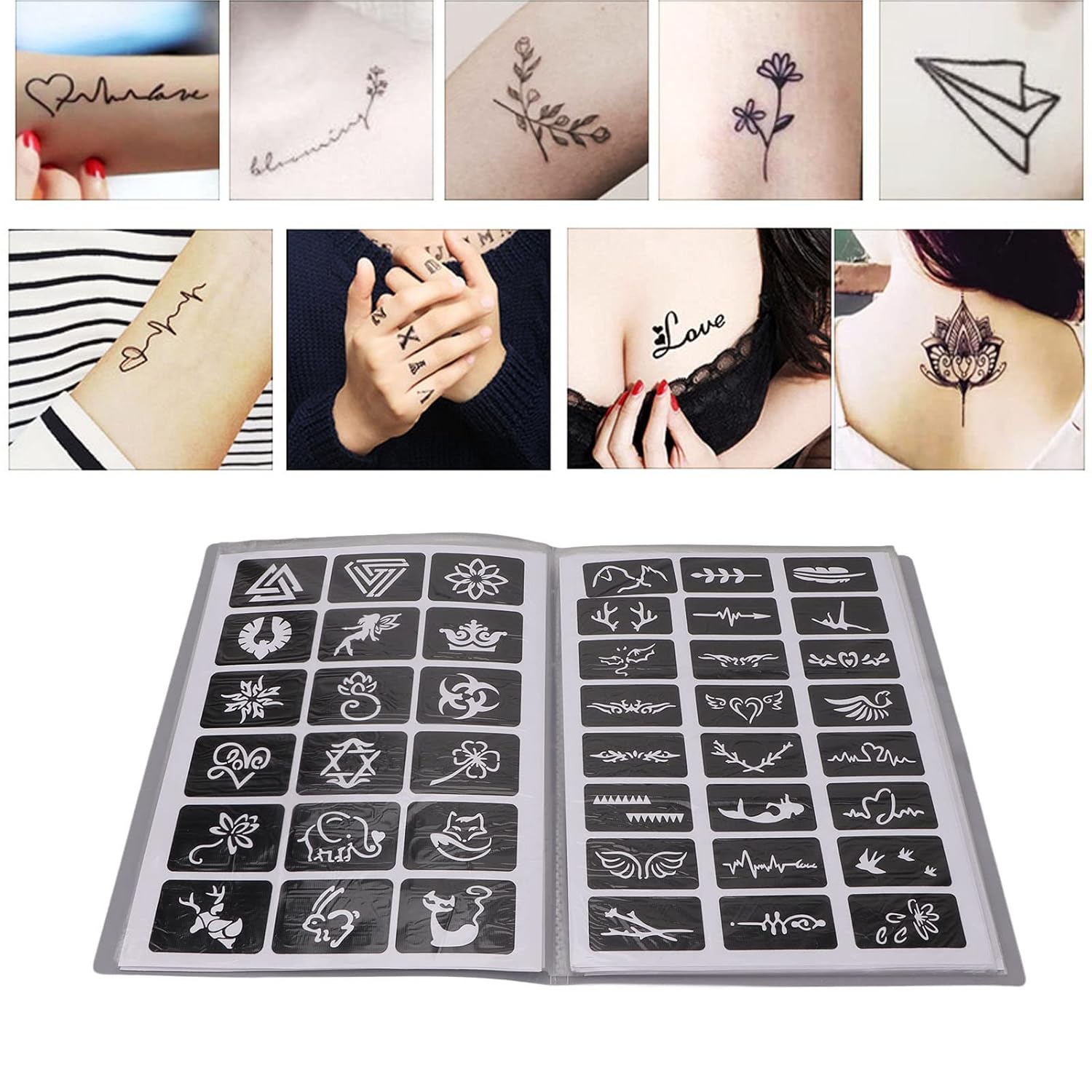 19 hojas de plantillas de tatuaje, plantillas de tatuaje impermeables temporales reutilizables con purpurina para arte corporal (12.2 x 9.1 in)  más