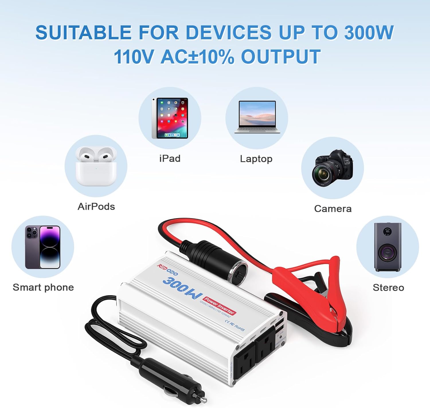 Redodo Inversor de corriente para automóvil de 300 W, 12 V CC, adaptador de onda sinusoidal modificada de CA de 110 V-120 V, convertidor de salida