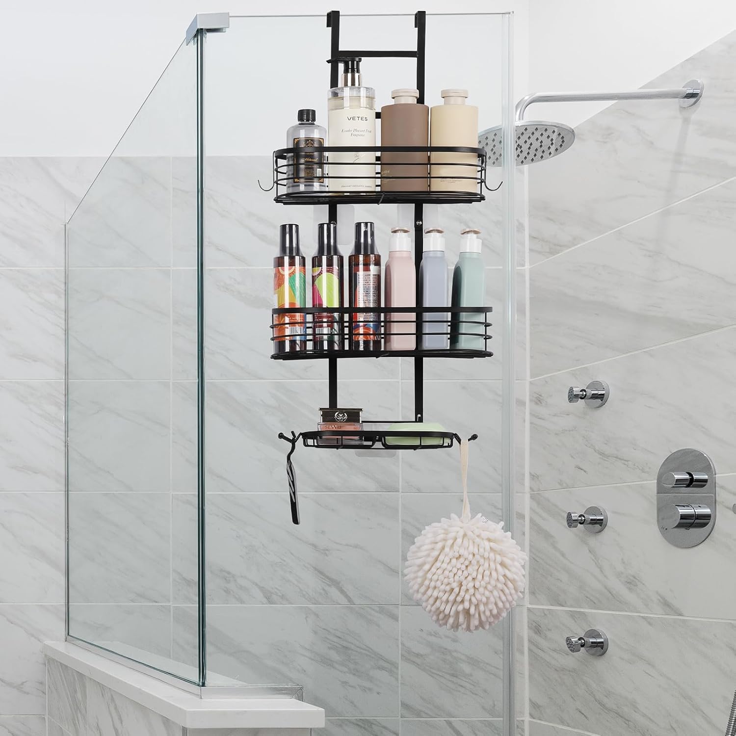 HEOMU Organizador de ducha colgante para baño, estantes organizadores de ducha con 4 ganchos, resistente al óxido e impermeable para champú,