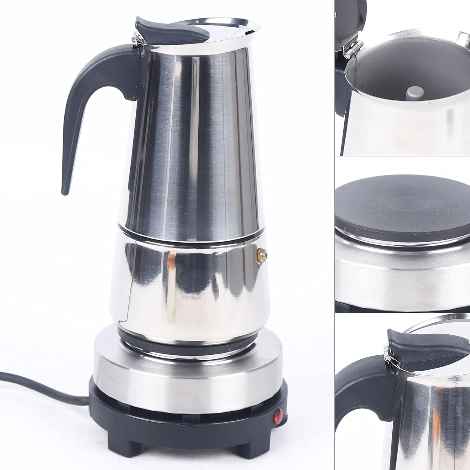 Olla moka de acero inoxidable de 110 V, cafetera para café expreso, cafetera moka para uso en casa y oficina (9 tazas (15.2 fl oz))