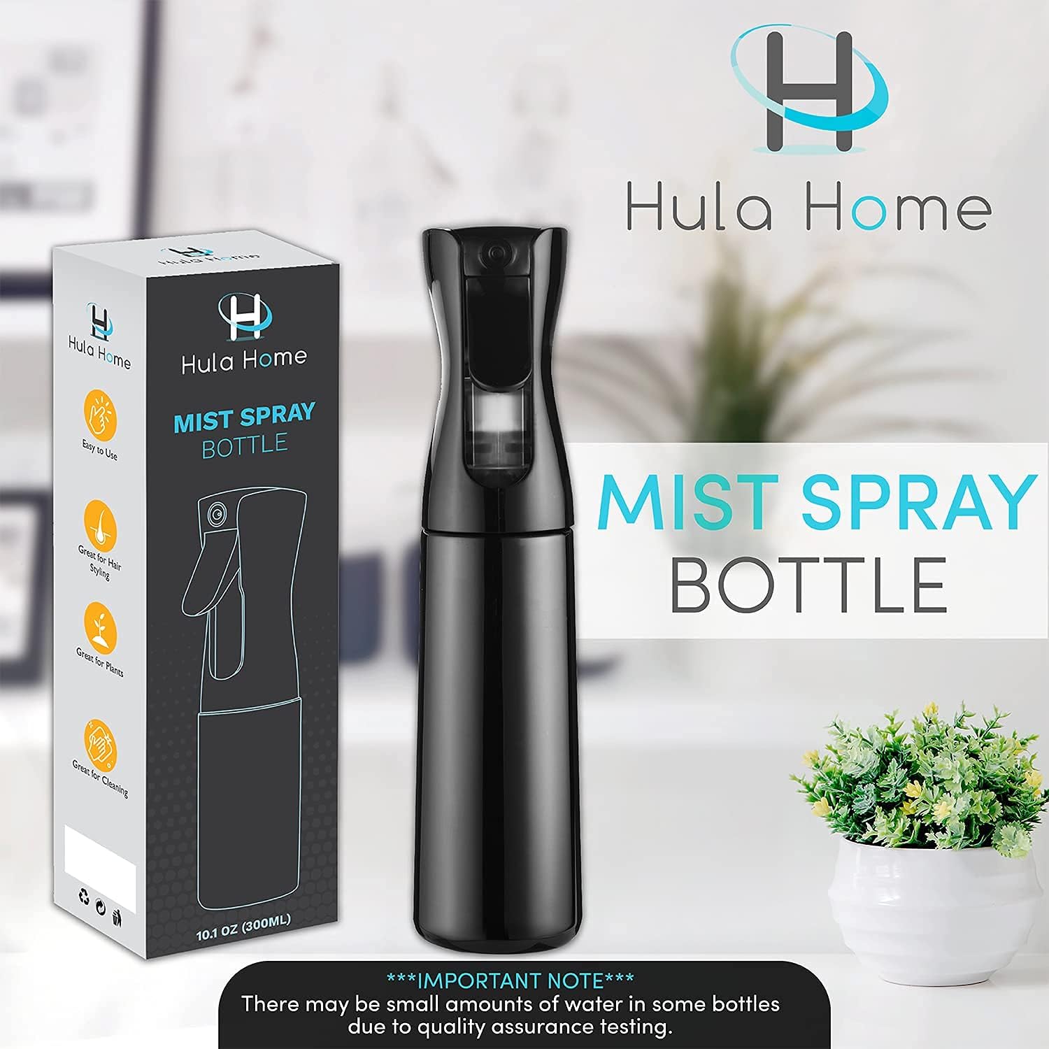 Hula Home Botella de spray vacía Mister (300 ml10.1 oz  Negro) continua ultra fina niebla para peinar el cabello, plantas, limpieza, salones,