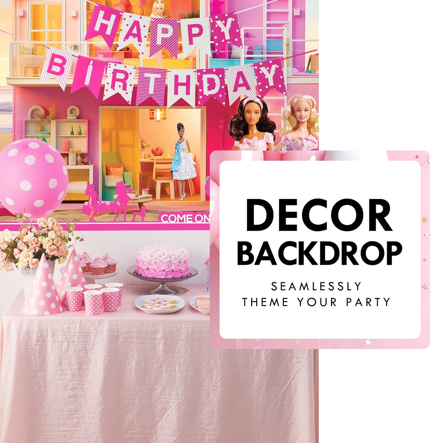 Telón de fondo rosa de muñeca niña de 7 x 5 para fiesta de cumpleaños, tela textil con ojales temáticos para películas, cabina de fotos, accesorios
