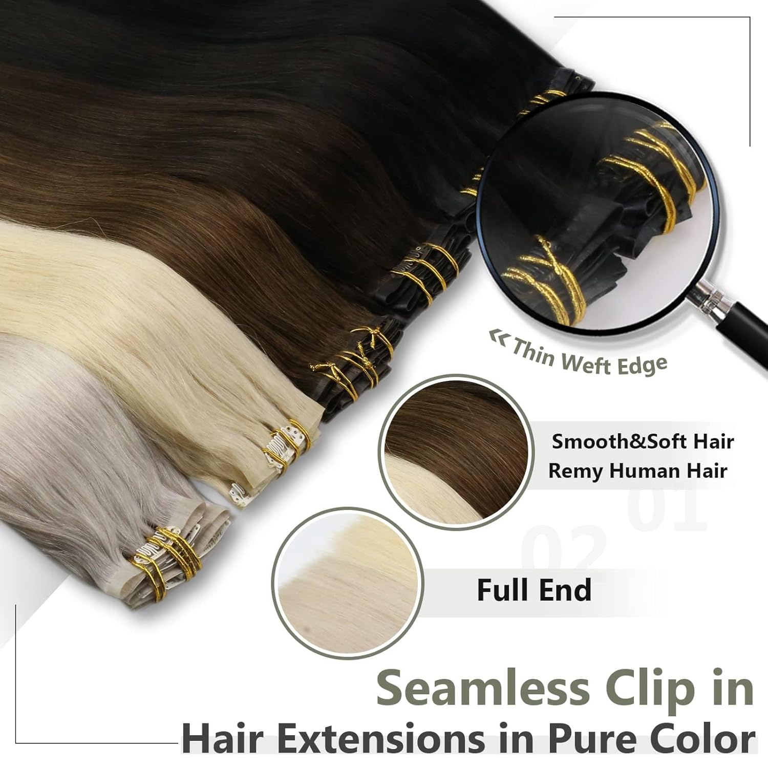 Full Shine Extensiones de cabello marrón degradado de color marrón claro a rubio, extensiones de cabello con clip sin costuras con trama de
