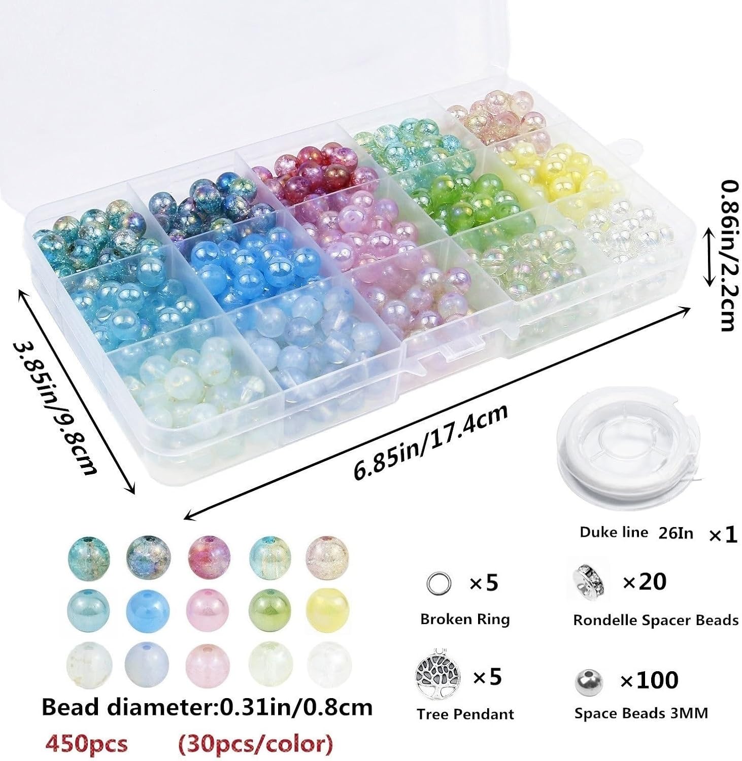 450 cuentas redondas de vidrio de 0.315 pulgadas para hacer pulseras, kit de fabricación de cuentas brillantes de 15 colores para adultos, cuentas