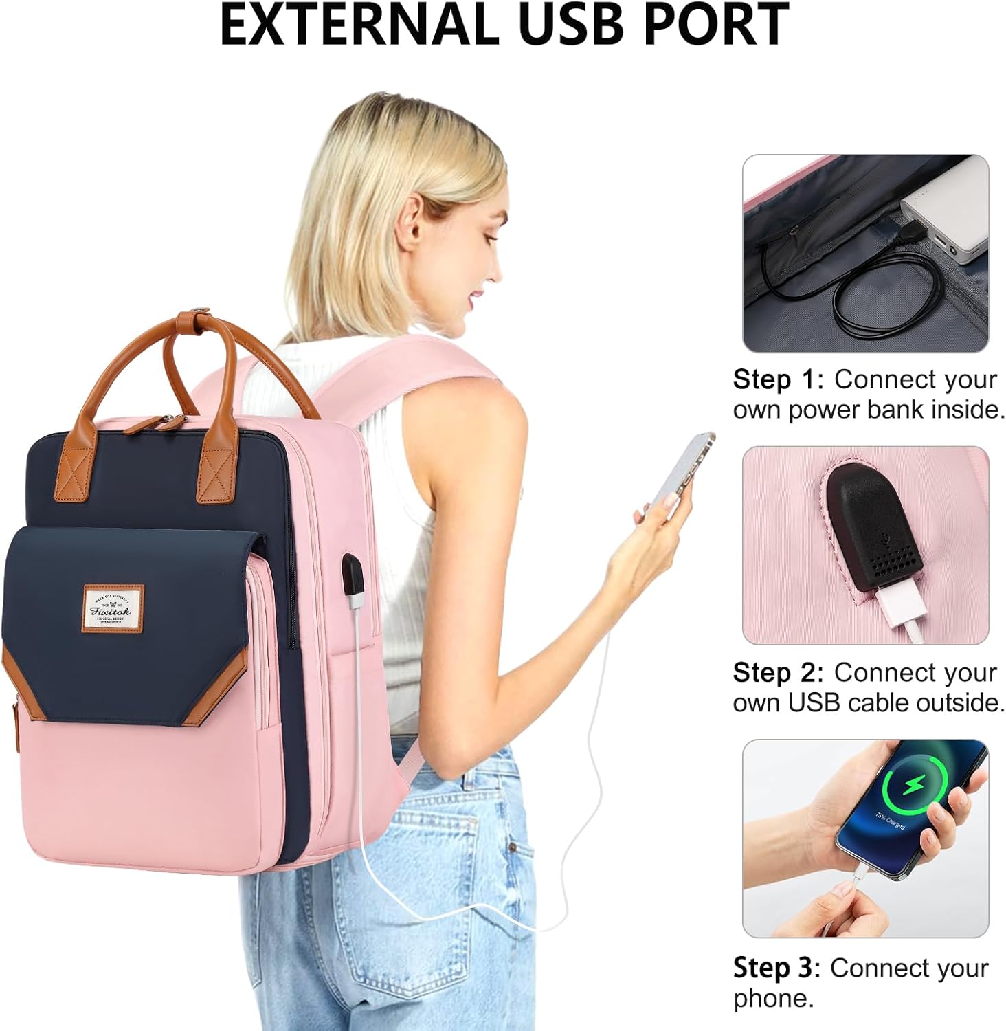 FIXITOK Mochila de viaje grande para mujer, 40L, mochila de equipaje personal, mochila casual, Azul oscuro-rosa, Mochilas de viaje