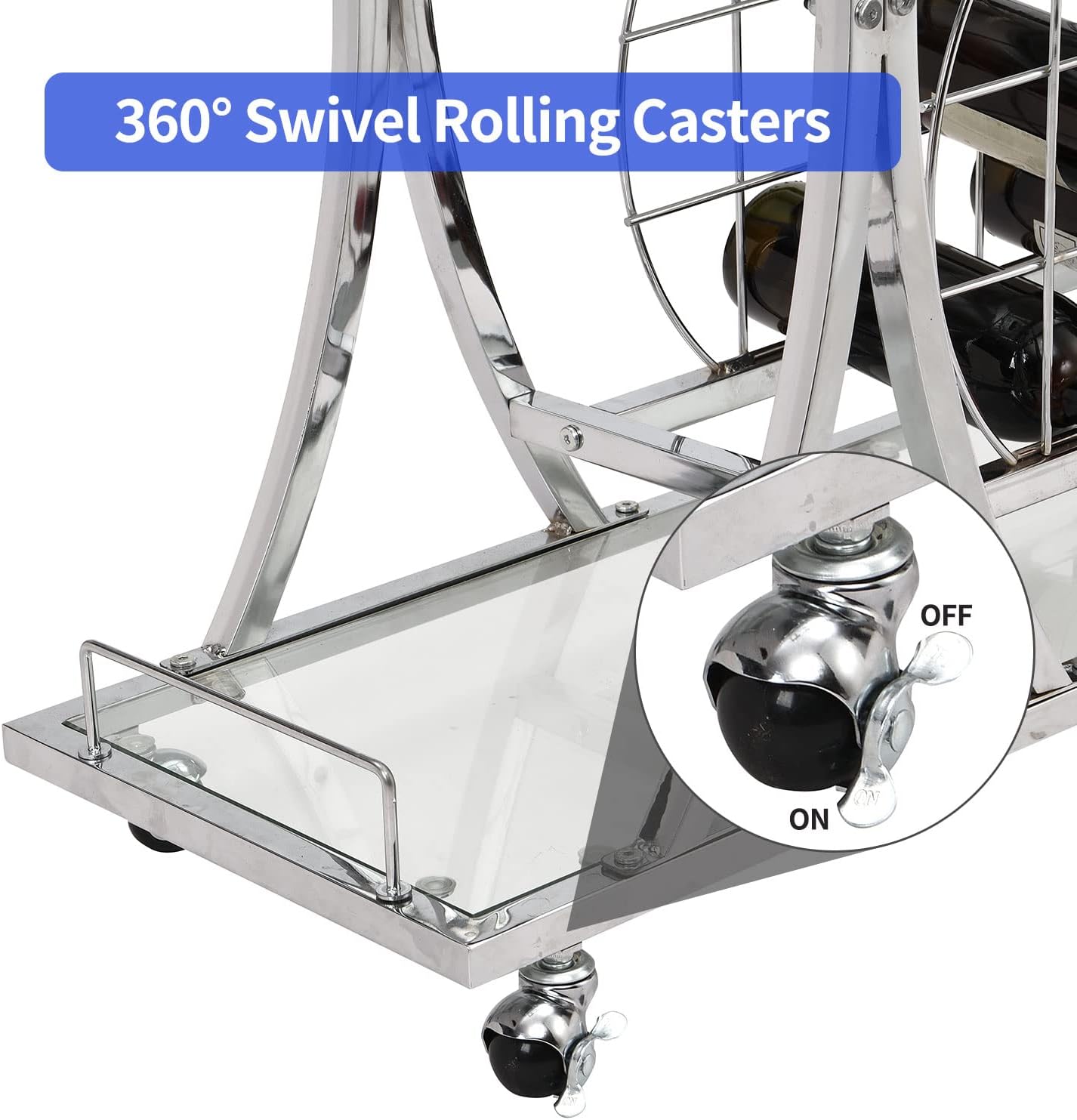 HOMYSHOPY Carrito de servicio de bar con soporte para vidrio y estante para vino, carrito de cocina de 3 niveles con estantes de vidrio templado y