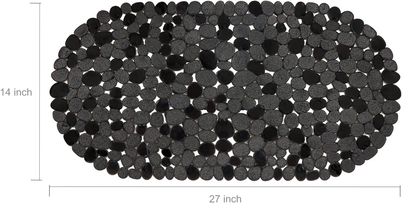 WELTRXE Pebbles – Tapete de baño antideslizante para bañera, color negro, con ventosas, agujeros de drenaje para duchas de baño, bañera, lavable a