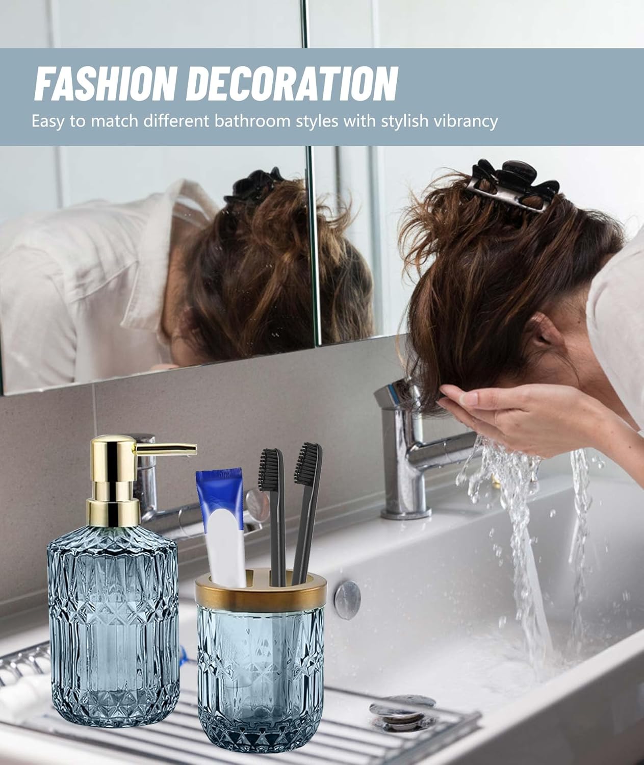 Juego completo de 5 piezas de accesorios de baño azules, soporte para cepillo de dientes, vaso, dispensador de loción, jabonera, tarros de hisopos