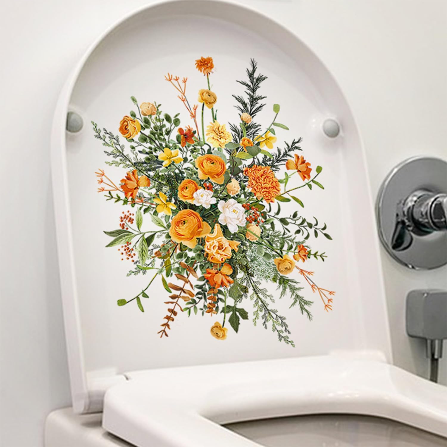 WBQMUNY 5 hojas de calcomanías de pared para asiento de inodoro de baño, diseño floral autoadhesivo, para tapa de inodoro, ramo de acuarela