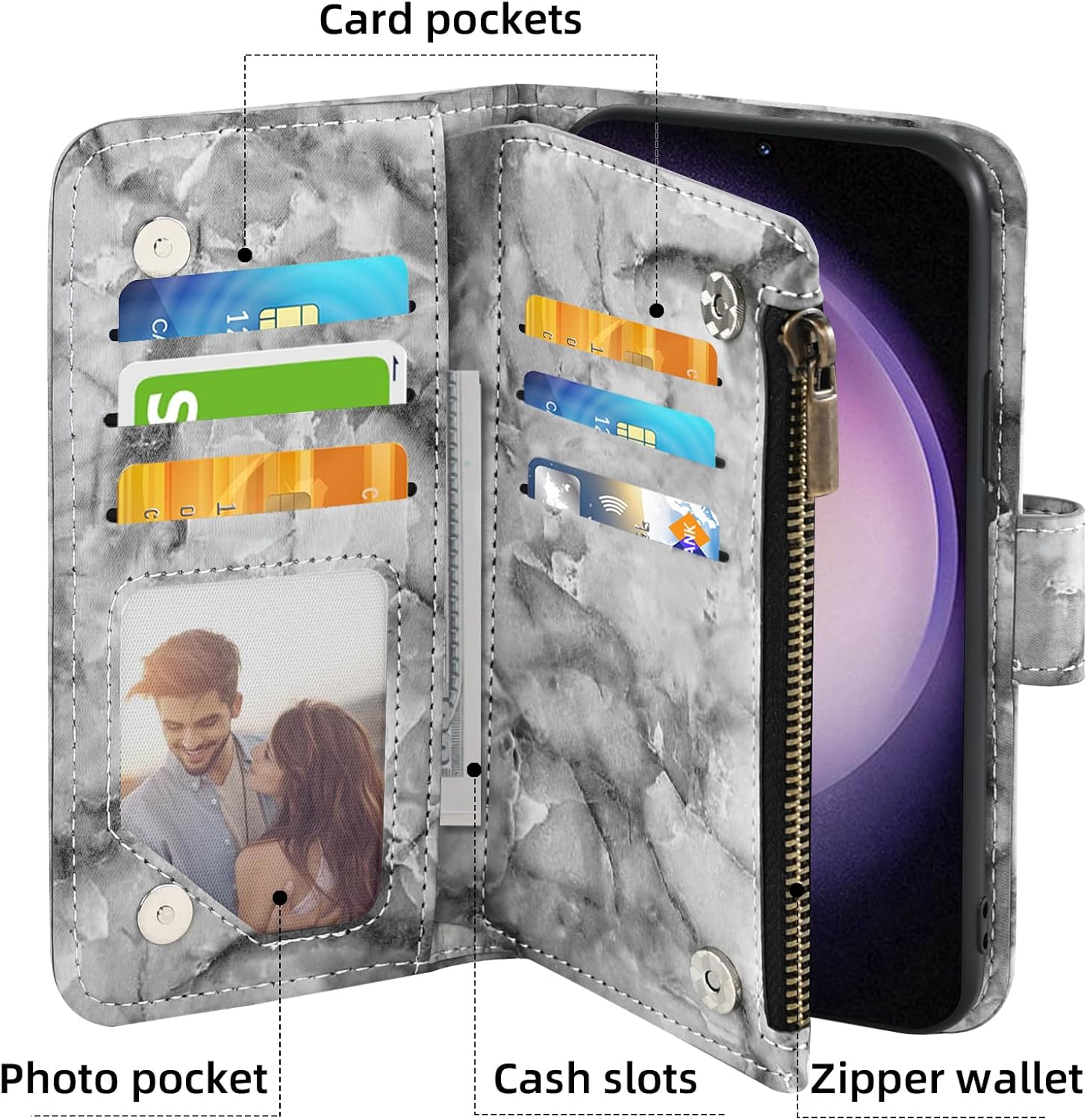 Asuwish Funda de teléfono para Samsung Galaxy S23 5G Wallet Cell Cover con protector de pantalla de vidrio templado y soporte de ranura para tarjeta