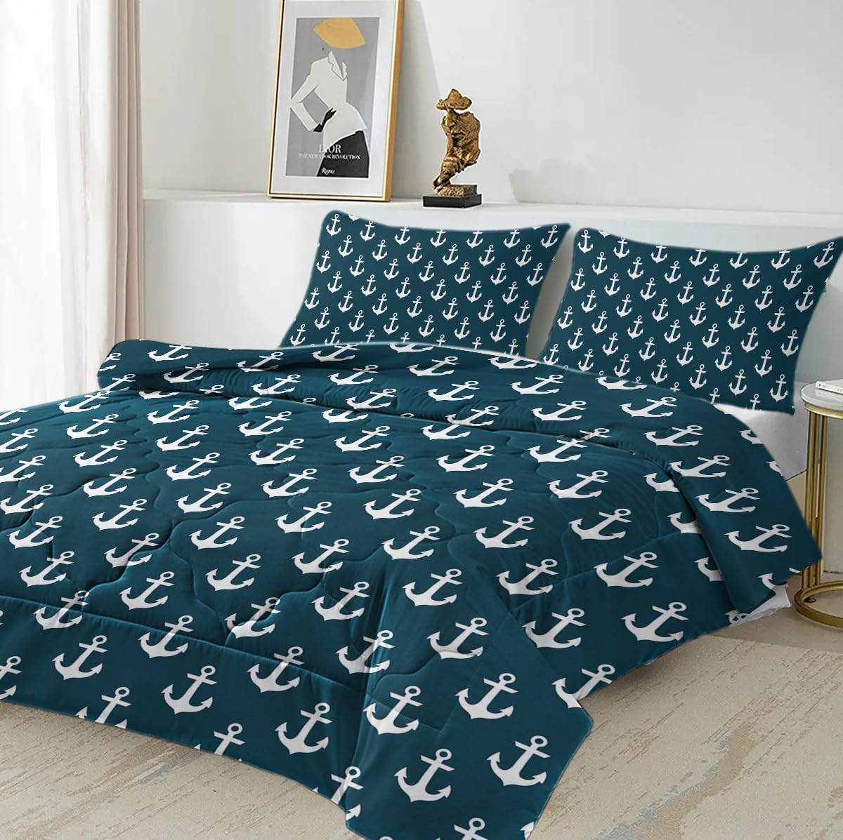 DECOVOGUE Juego de edredón de 3 piezas con diseño náutico oceánico para niños y hombres con anclajes blancos sobre azul marino, tamaño Queen (90