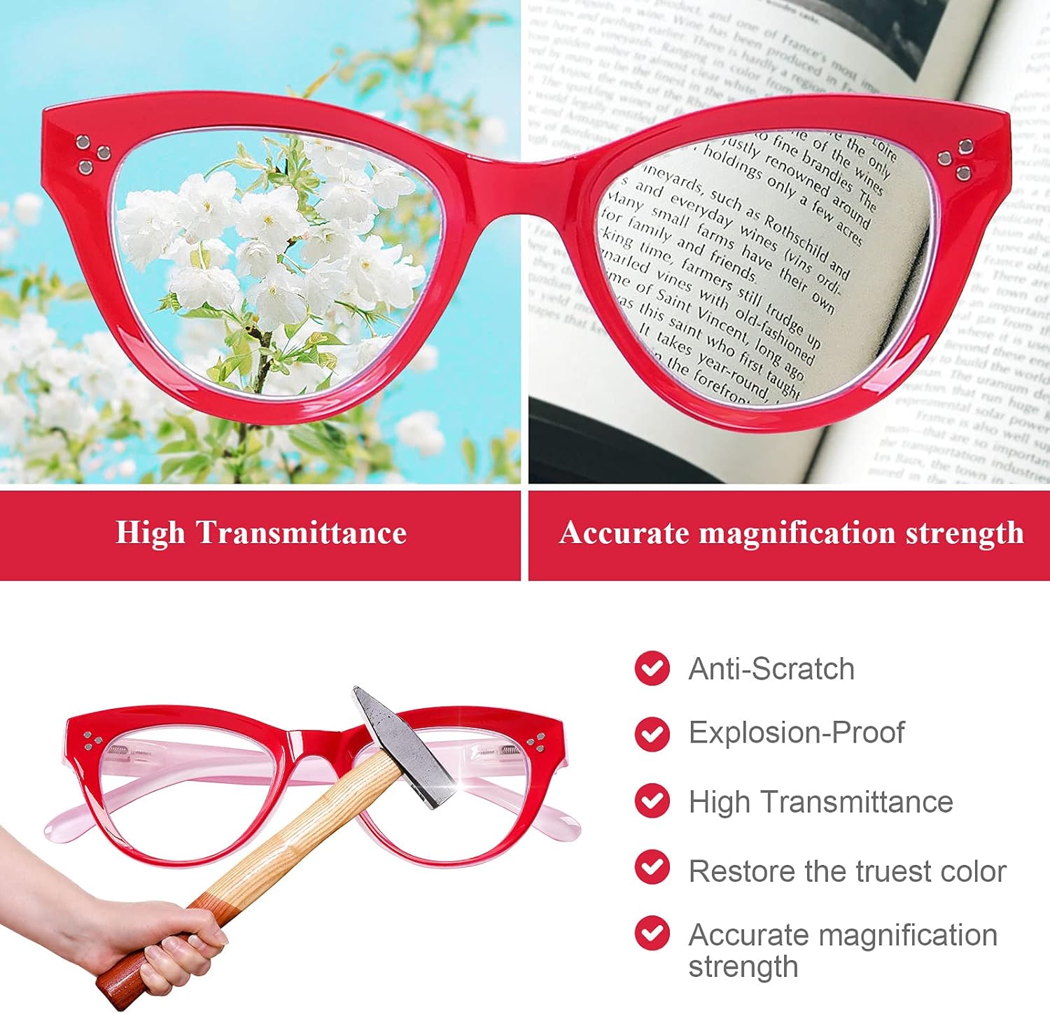 AQWANO Lentes de lectura de ojo de gato con bloqueo de luz azul, para computadora de gran tamaño, para mujeres, lentes con filtro antirreflejos,