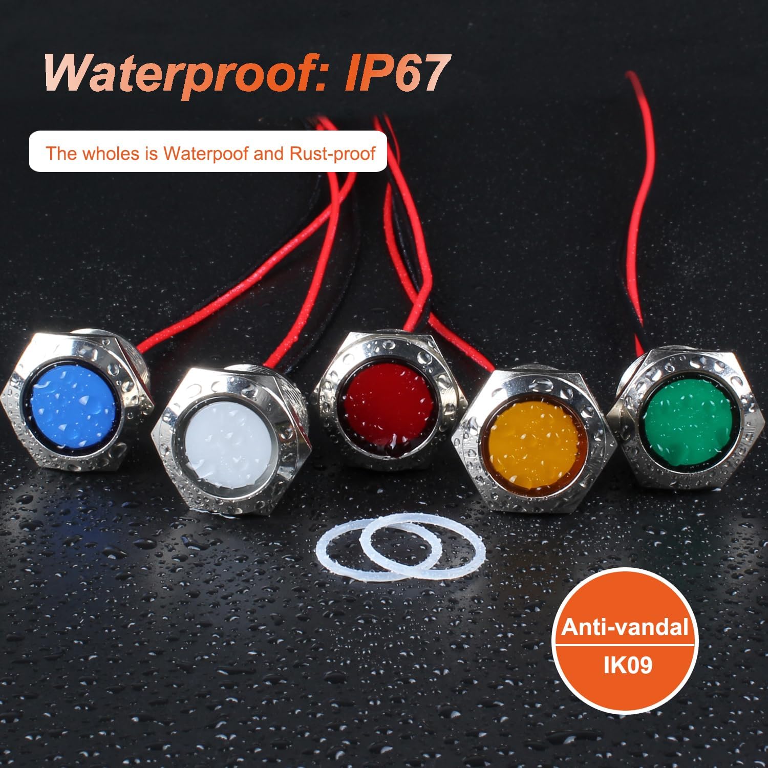 2 luces indicadoras LED de 0.866 in (78 pulgadas), 110-220VCA 20mA ahorro de energía de metal impermeable IP67 lámpara piloto LED cabeza plana con