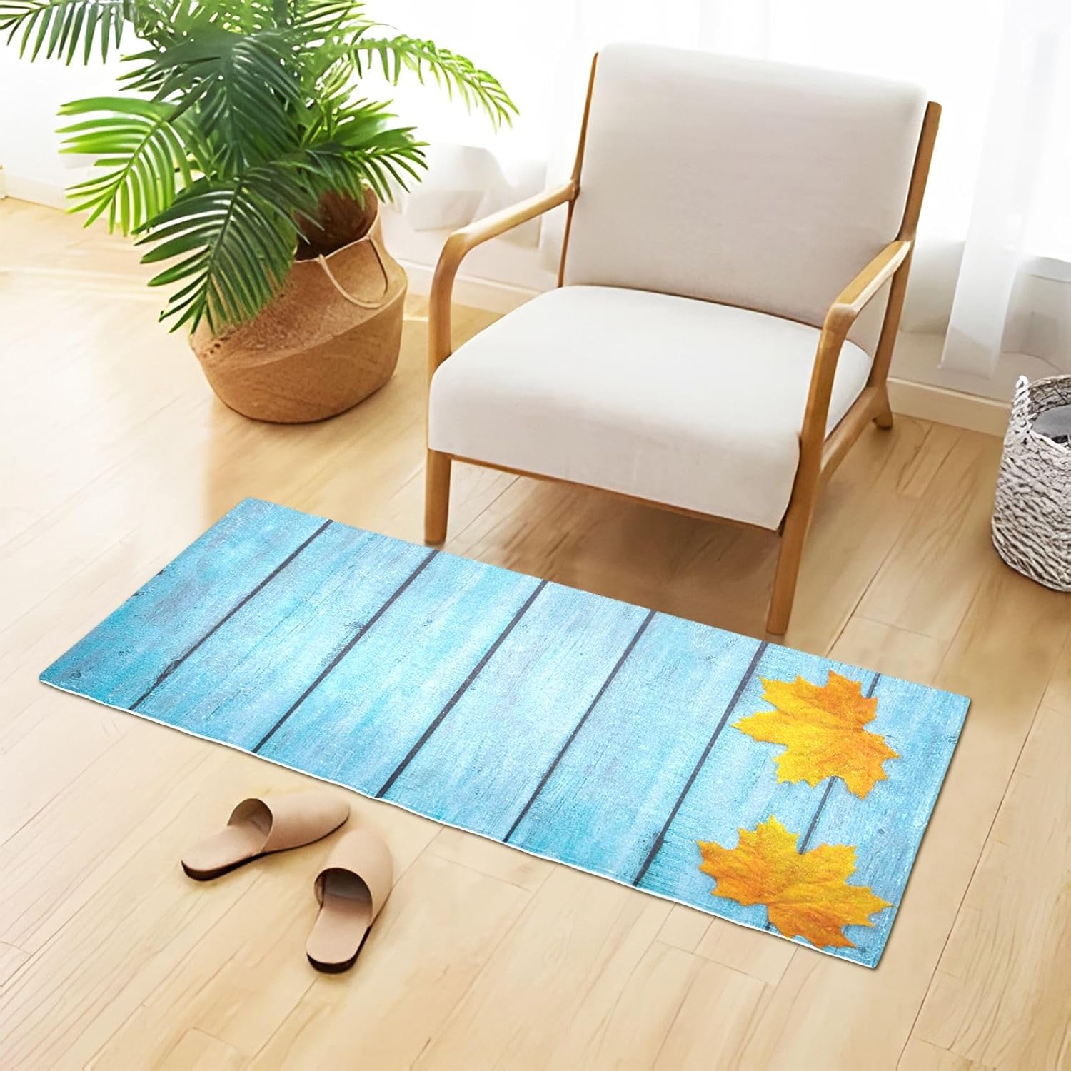 Fluffy Floor Carpet 39x20in-Vintage Wooden Board with Yellow Maple LeavesFront Door Mat Indoor Machine Washable Carpet,Aesthetic Rug