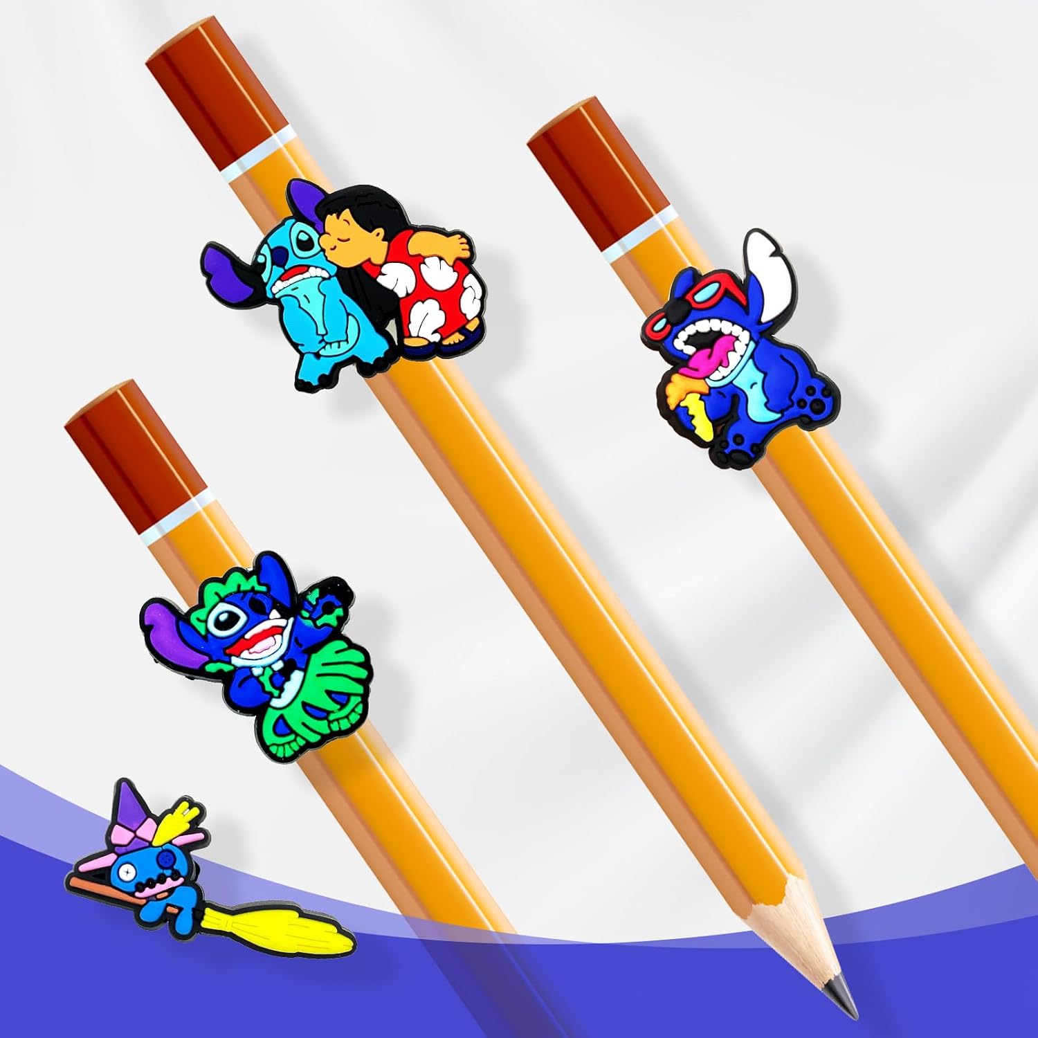 Decoración de lápiz de anime para niños y estudiantes, clip de dibujos animados para oficina, escuela, fiesta, regalos (24 unidades, azul)