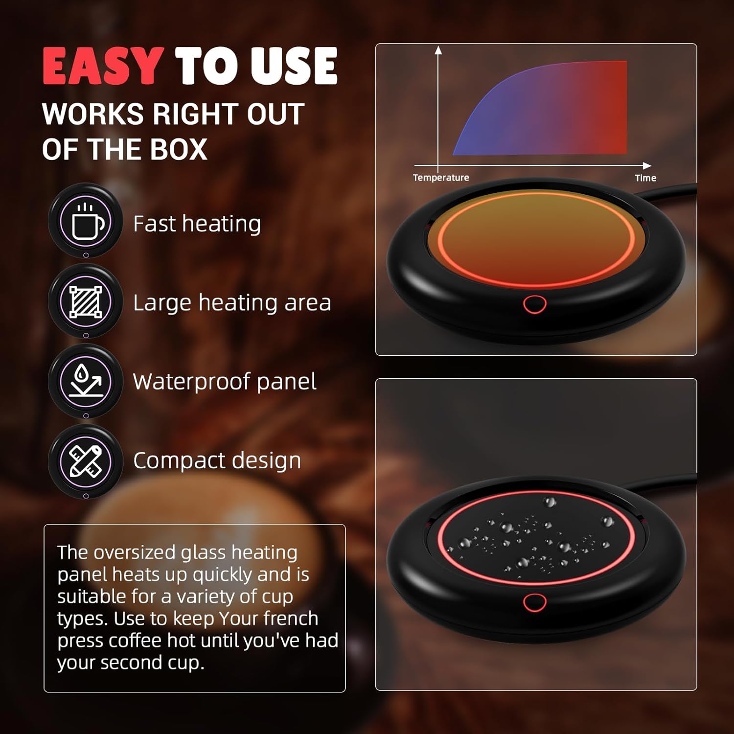 Calentador de taza de café de 40 W con apagado automático para escritorio, calentador de tazas inteligente de 3 niveles de temperatura, calentador