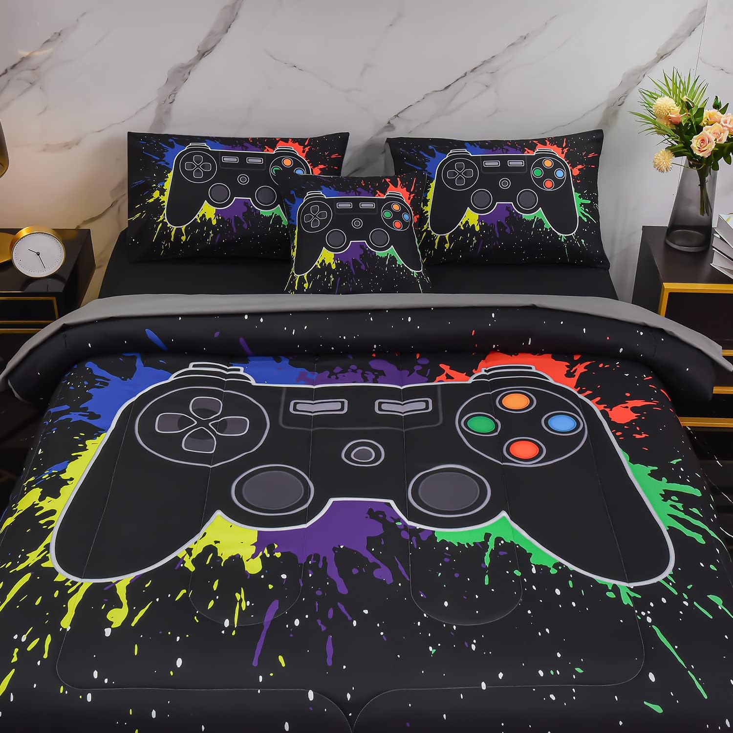 Keyroal Juego de edredón de 6 piezas con sábanas para niños, niñas, niños y adolescentes, ropa de cama con temática de juegos de grafiti colorido en