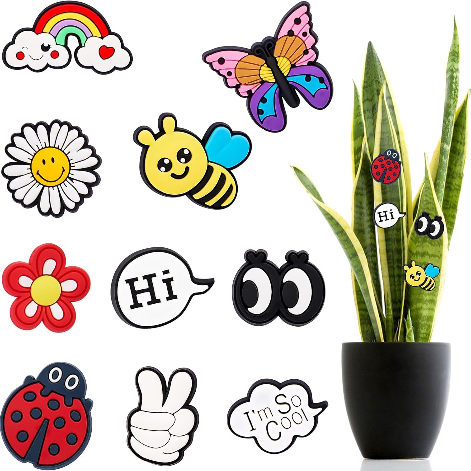 10 imanes para plantas en maceta, ojos magnéticos, abejas, arco iris, decoración facial para plantas, regalo divertido para amantes de las plantas,