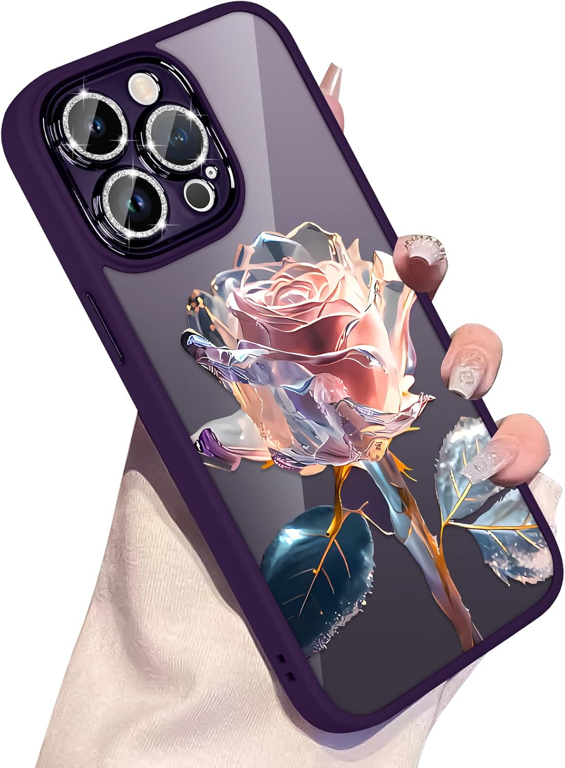 ZIYE Funda para iPhone 13 Pro Max, funda con diseño floral de rosa de hadas rosa con protector de lente de cámara integrado, purpurina brillante,