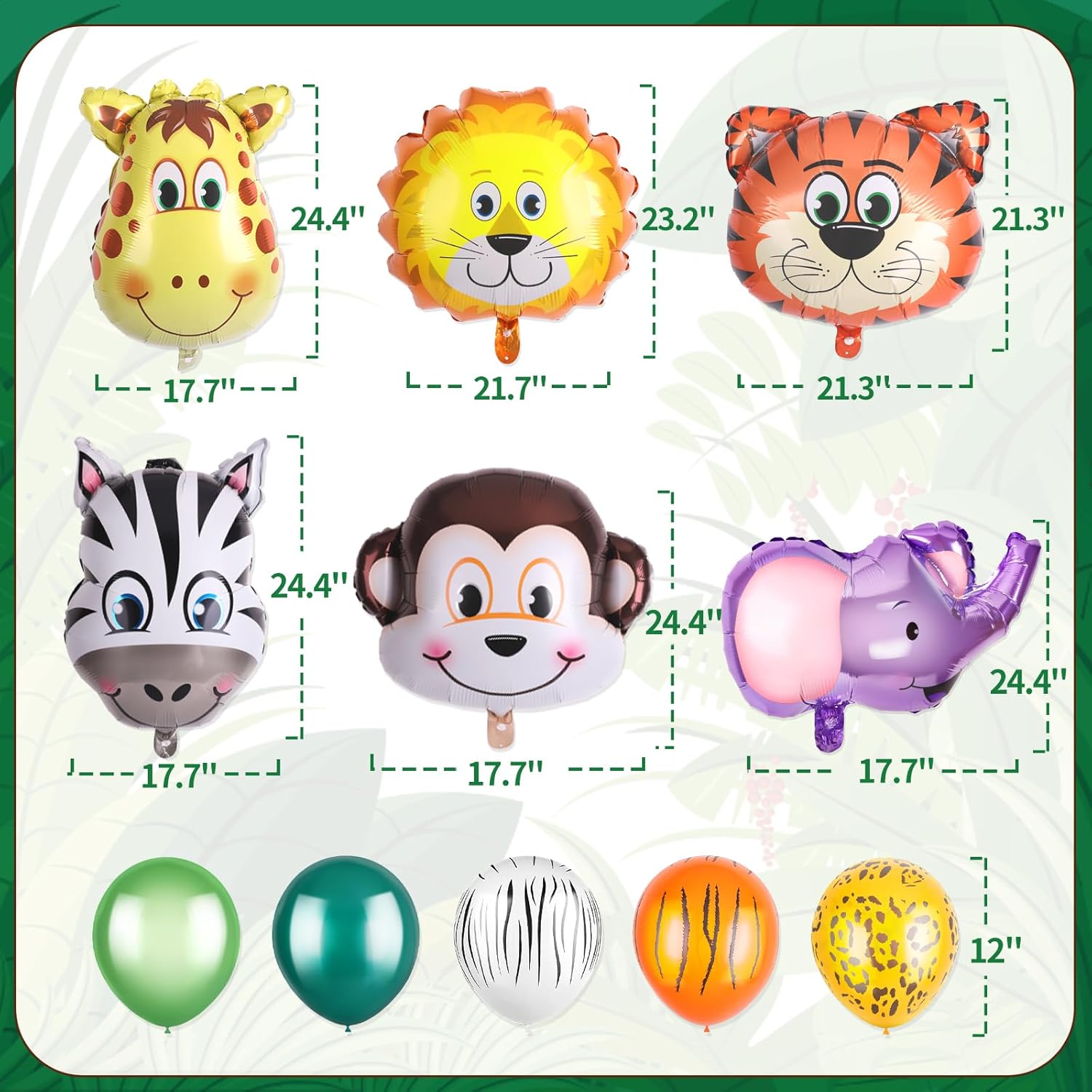 30 piezas de decoraciones de fiesta de cumpleaños de safari de la selva, paquete de 6 globos gigantes de animales de safari, 24 globos con estampado