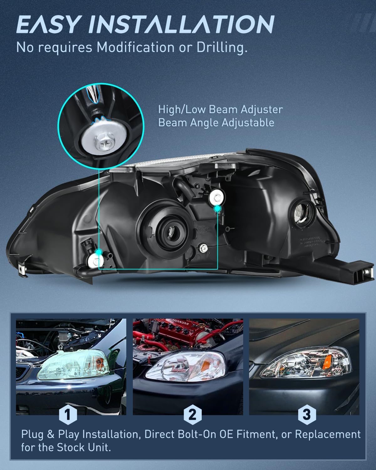 Nilight Conjunto de faros delanteros compatible con Honda Civic 1999 2000, carcasa cromada, reflector ámbar, lente transparente mejorada, lado del