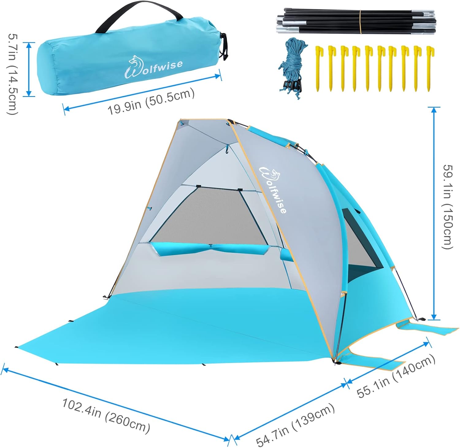 WolfWise Tienda de campaña de playa portátil para 4-5 personas UPF 50+, sombrilla con suelo extensible, color azul, XL