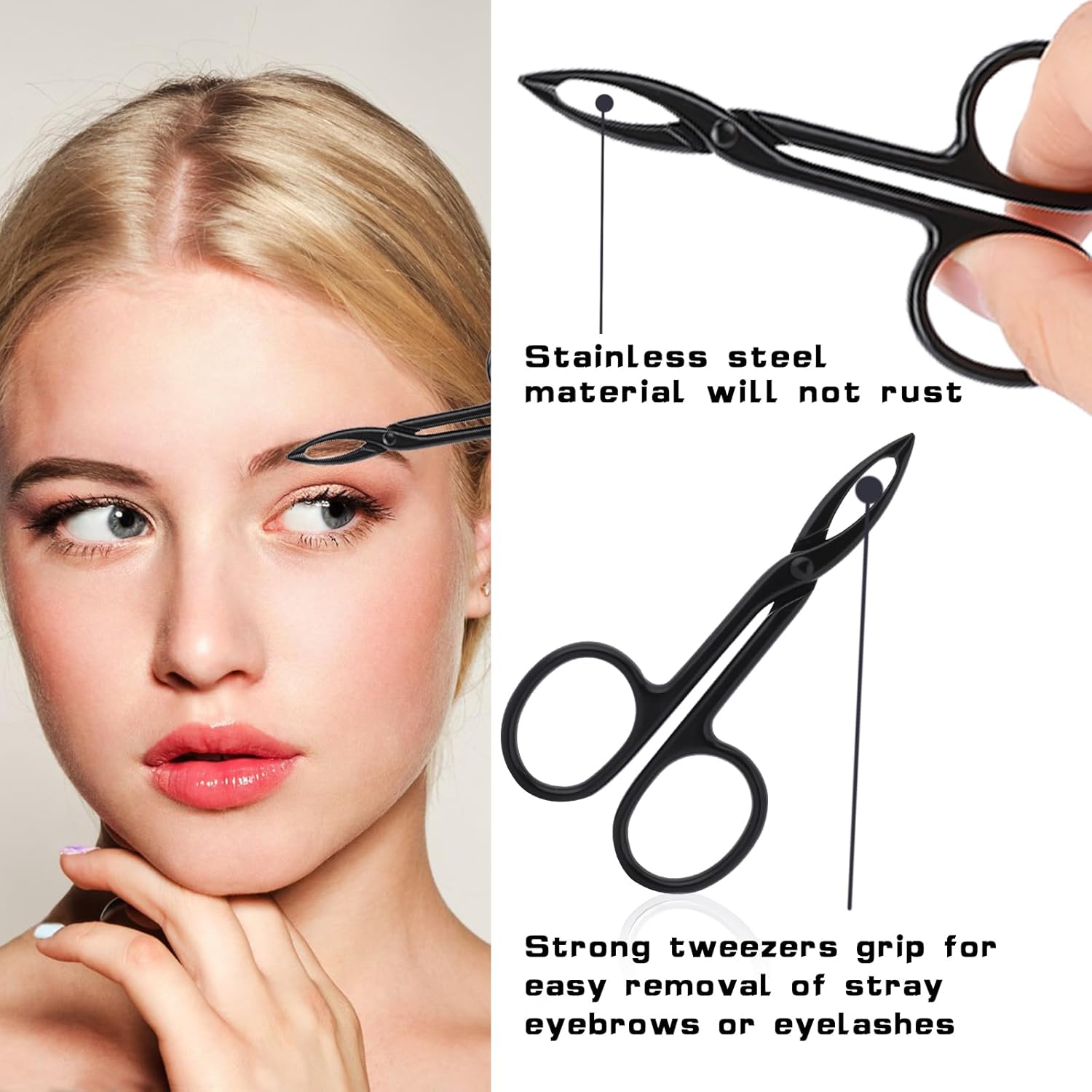 2 pinzas con mango de tijera, punta recta, pinzas para cejas en forma de pinzas para depilación facial (negro y negro)