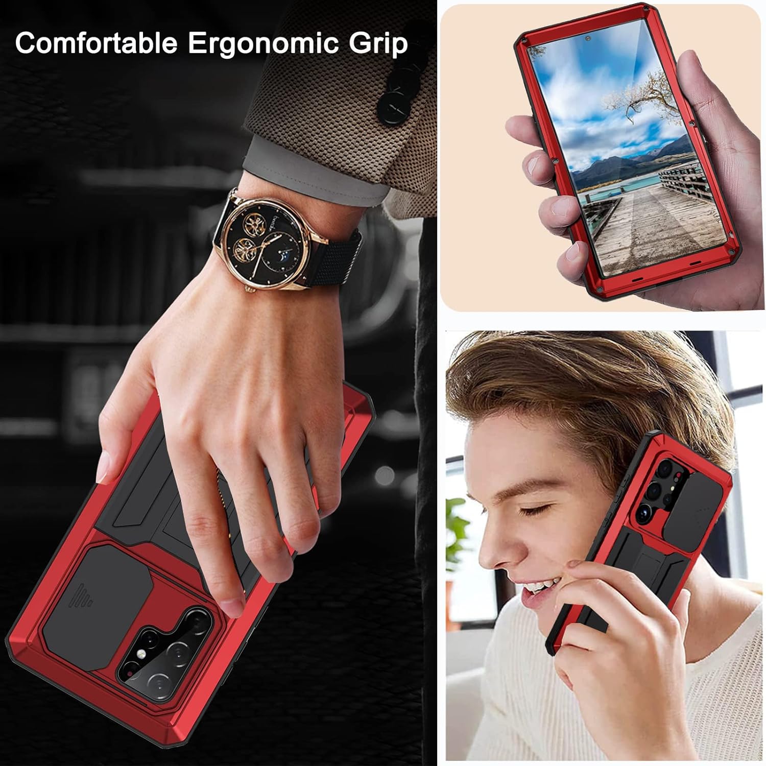 NINKI Funda para cámara compatible con Samsung Galaxy S23 Ultra con protector de pantalla de metal, a prueba de golpes, a prueba de polvo, funda